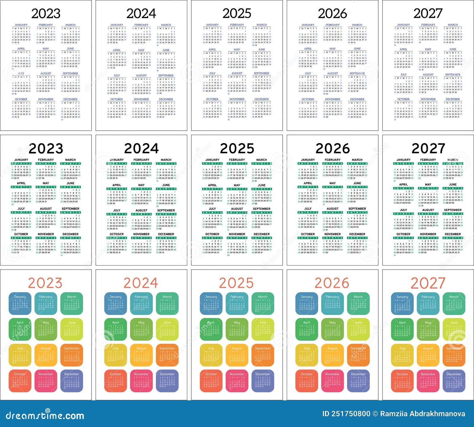 2023 2024 2025 2026 And 2027 Calendar Set Color Vector 
