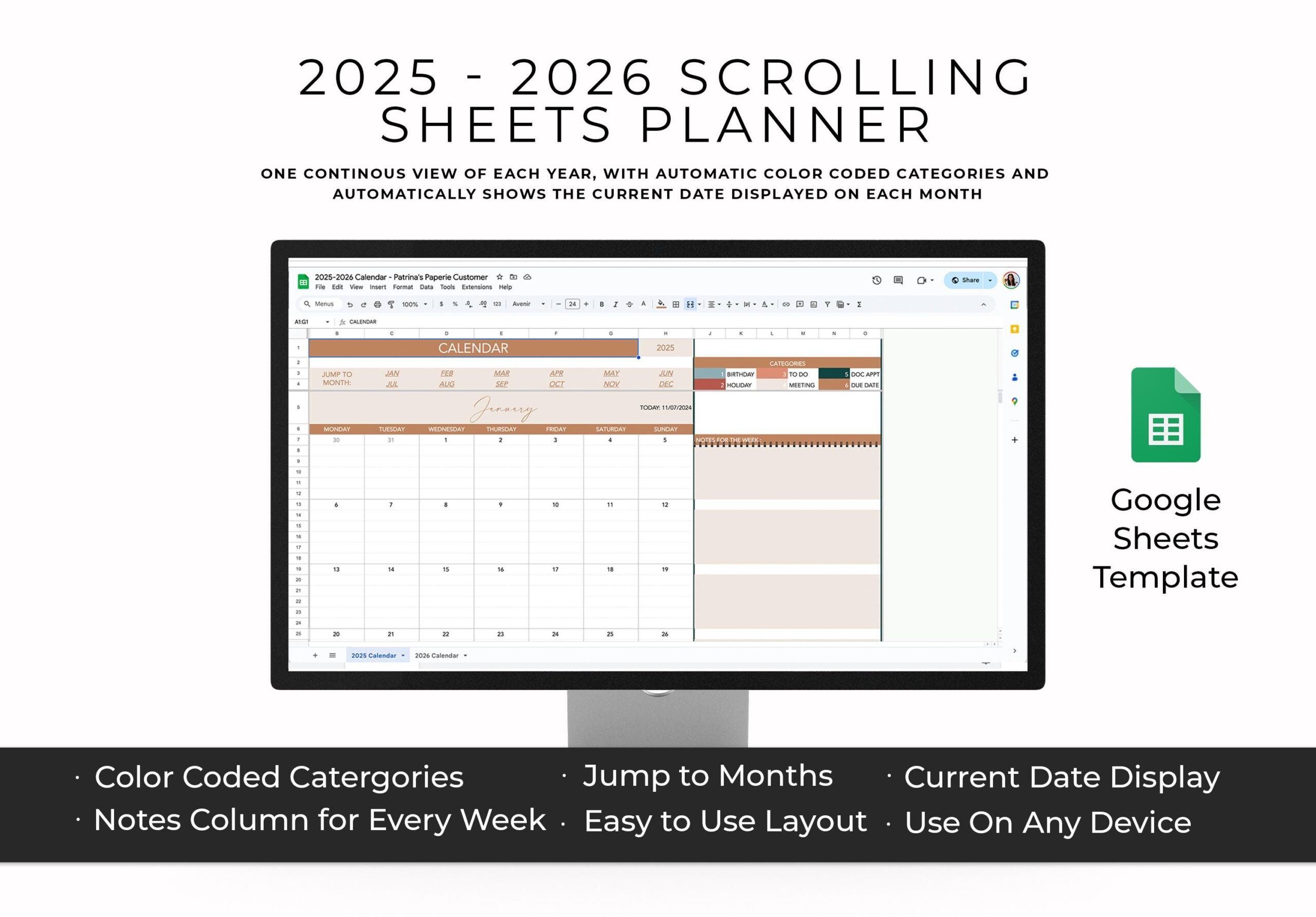 Google Sheets January 2026 Calendar