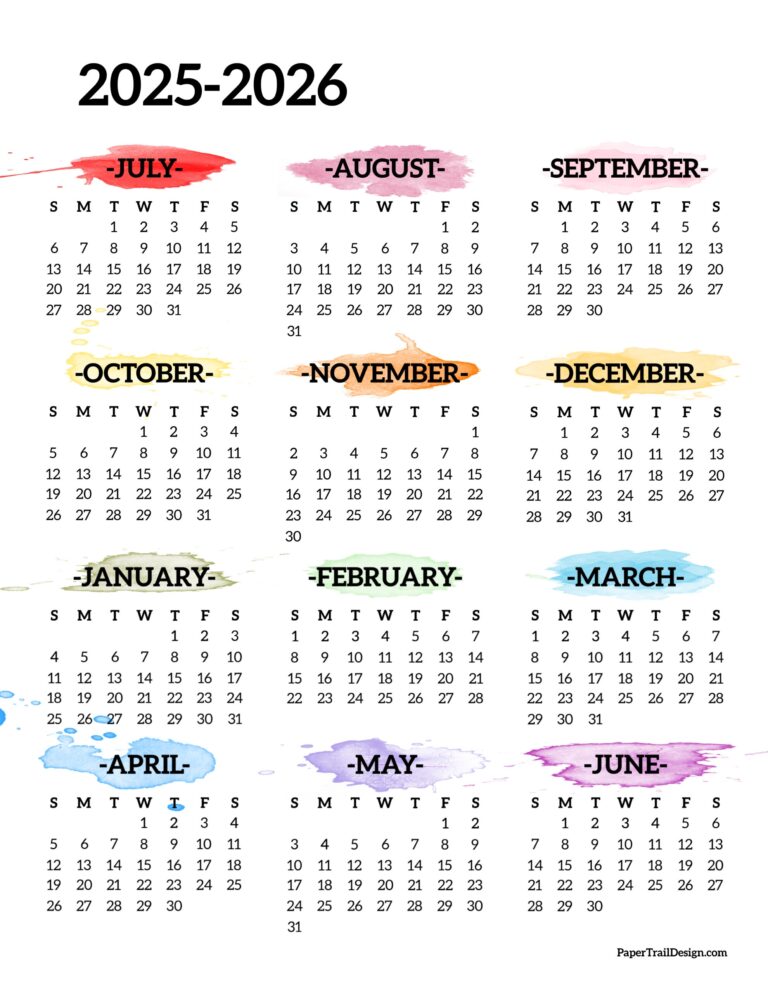 2025 2026 School Year Calendar Free Printable Paper Trail Design