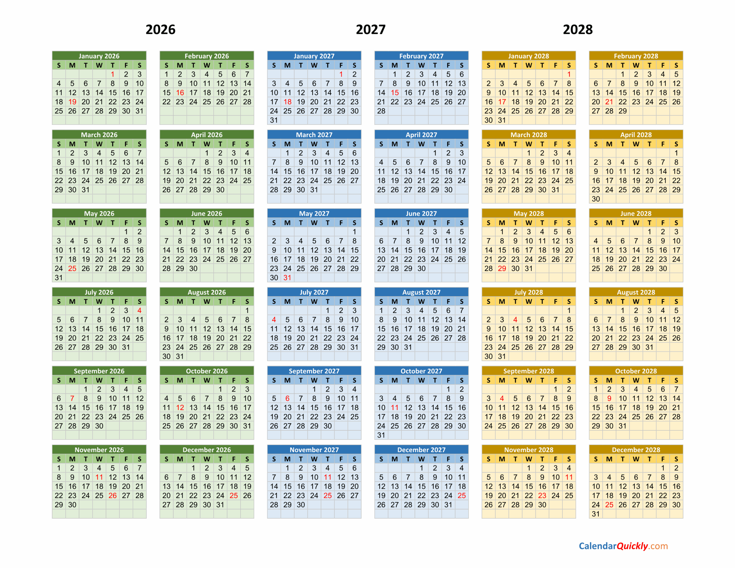 2026 2027 2028 Calendar Calendar Quickly