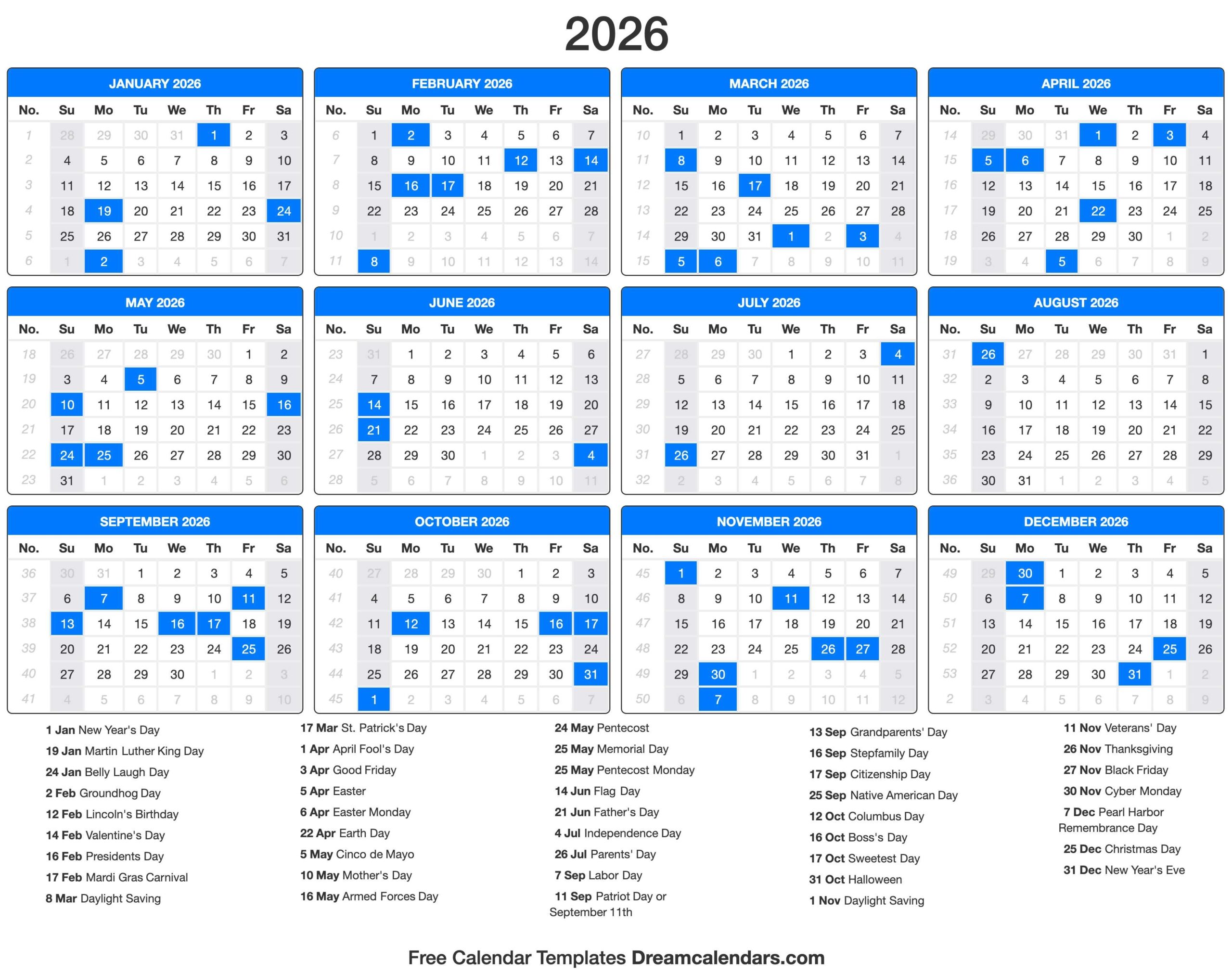 Holiday Calendar For February 2026
