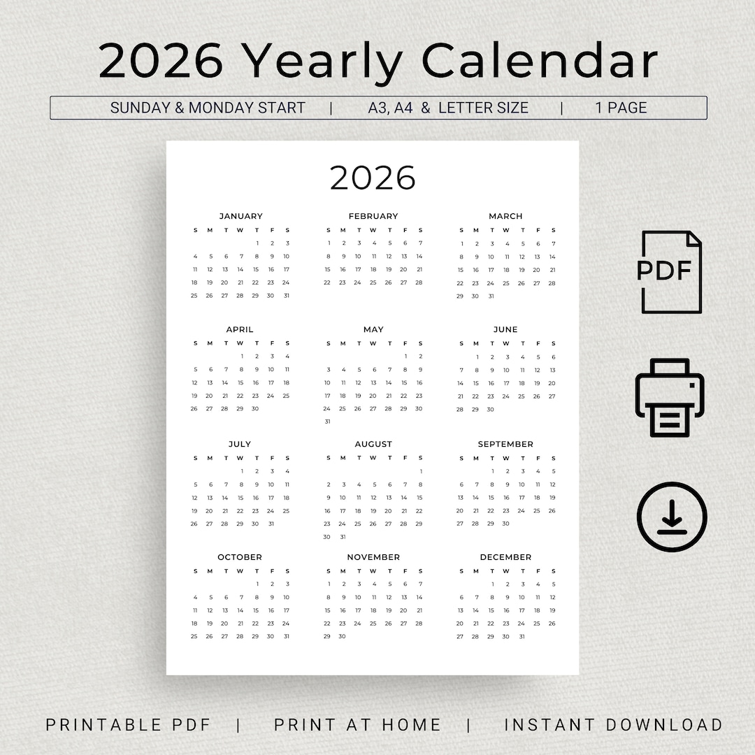 2026 Calendar 2026 Yearly Calendar Printable 2026 Wall Calendar 2026 Year At A Glance Minimalist Calendar A3 A4 Letter Monday U0026 Sunday Start Etsy UK