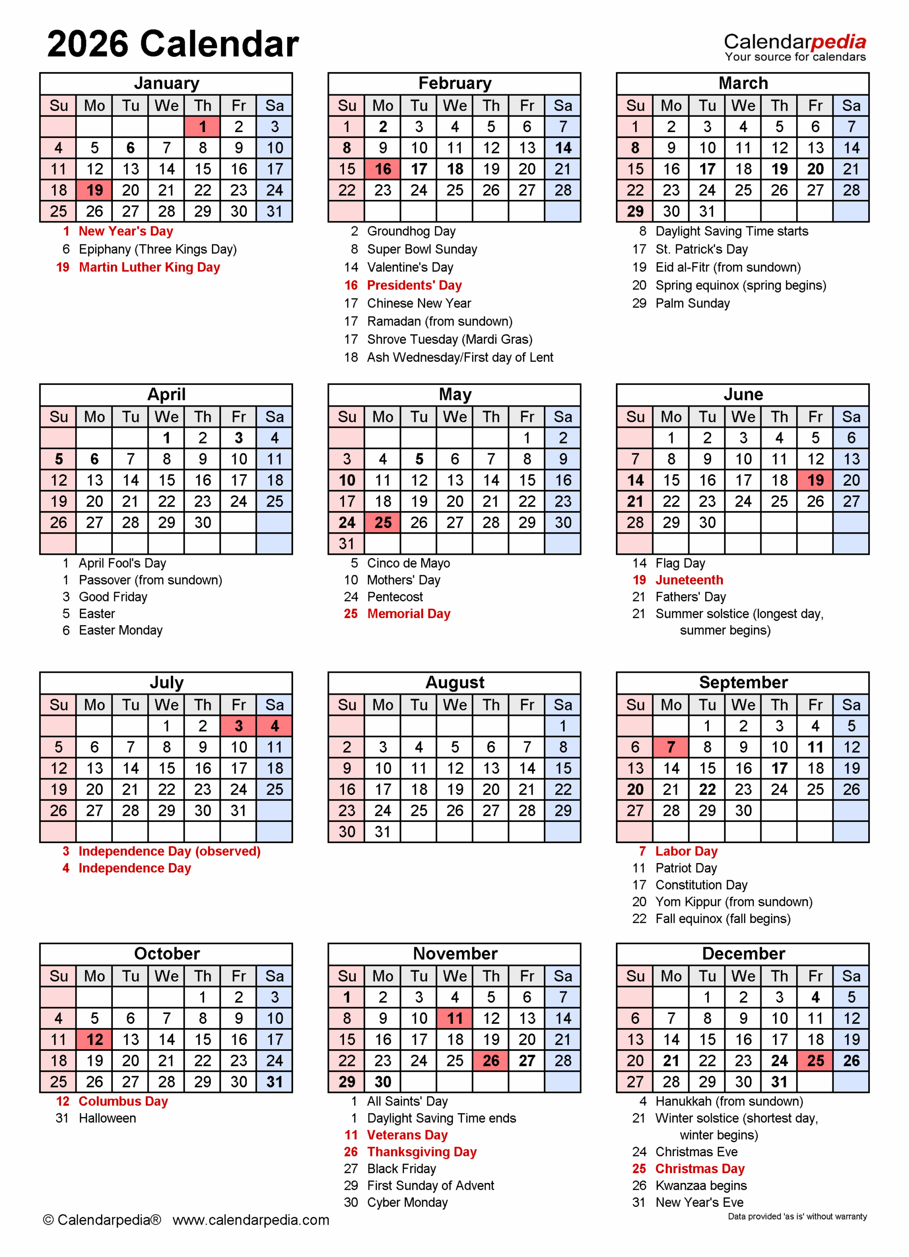 2026 Calendar Free Printable PDF Templates Calendarpedia