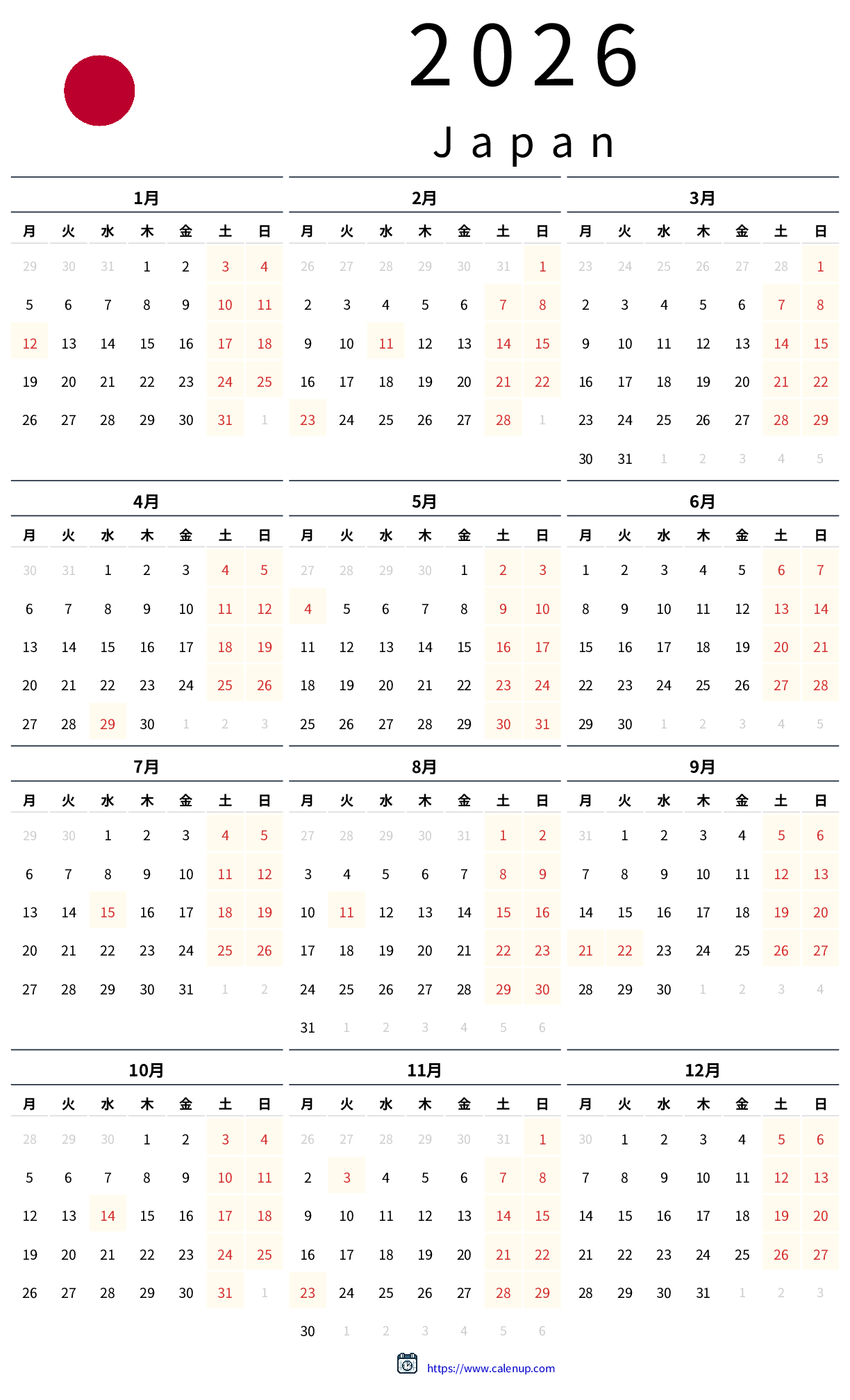 2026 Calendar Printable With Holidays For Japan CalenUP