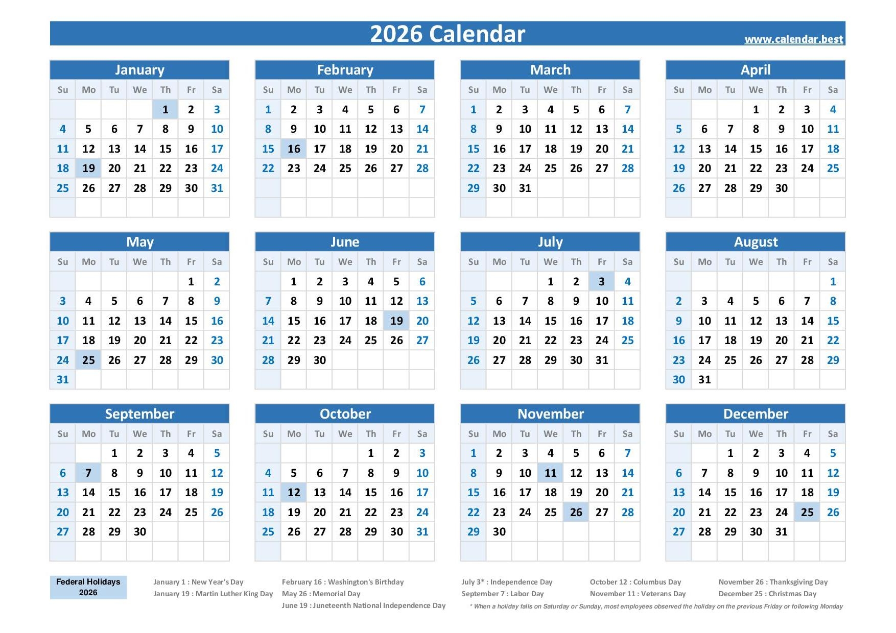 2026 Calendar With Holidays US Federal Holidays 