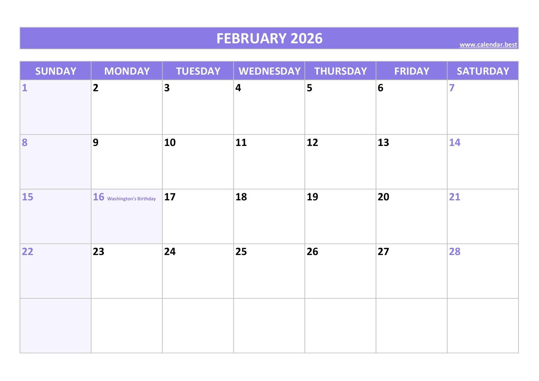 February 2026 Calendar Government Holidays