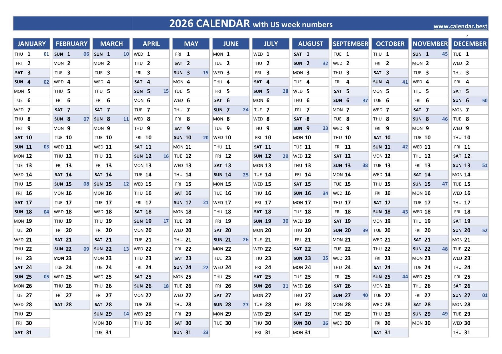 2026 Calendar With Week Numbers US And ISO Week Numbers 