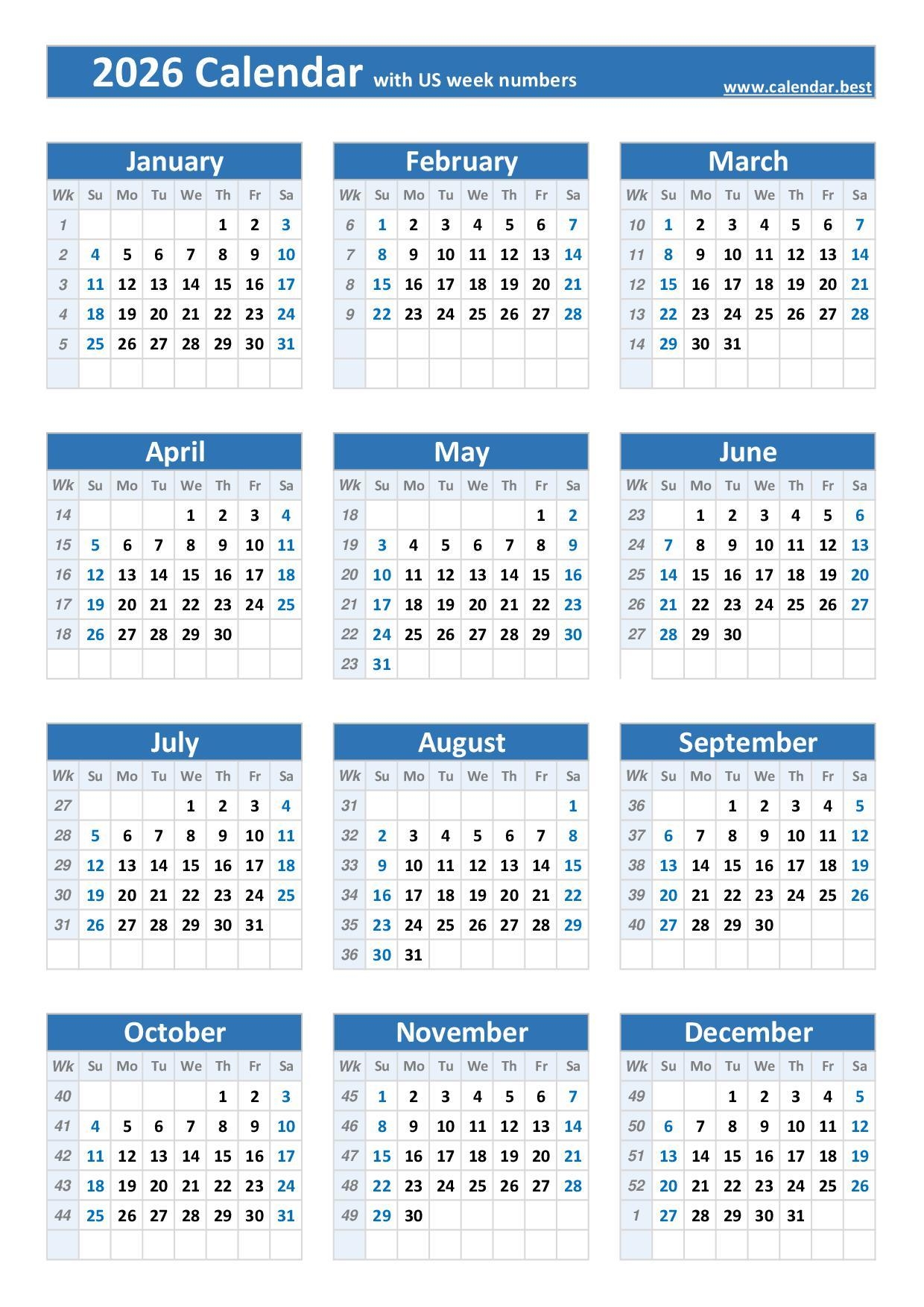 2026 Calendar With Week Numbers US And ISO Week Numbers 