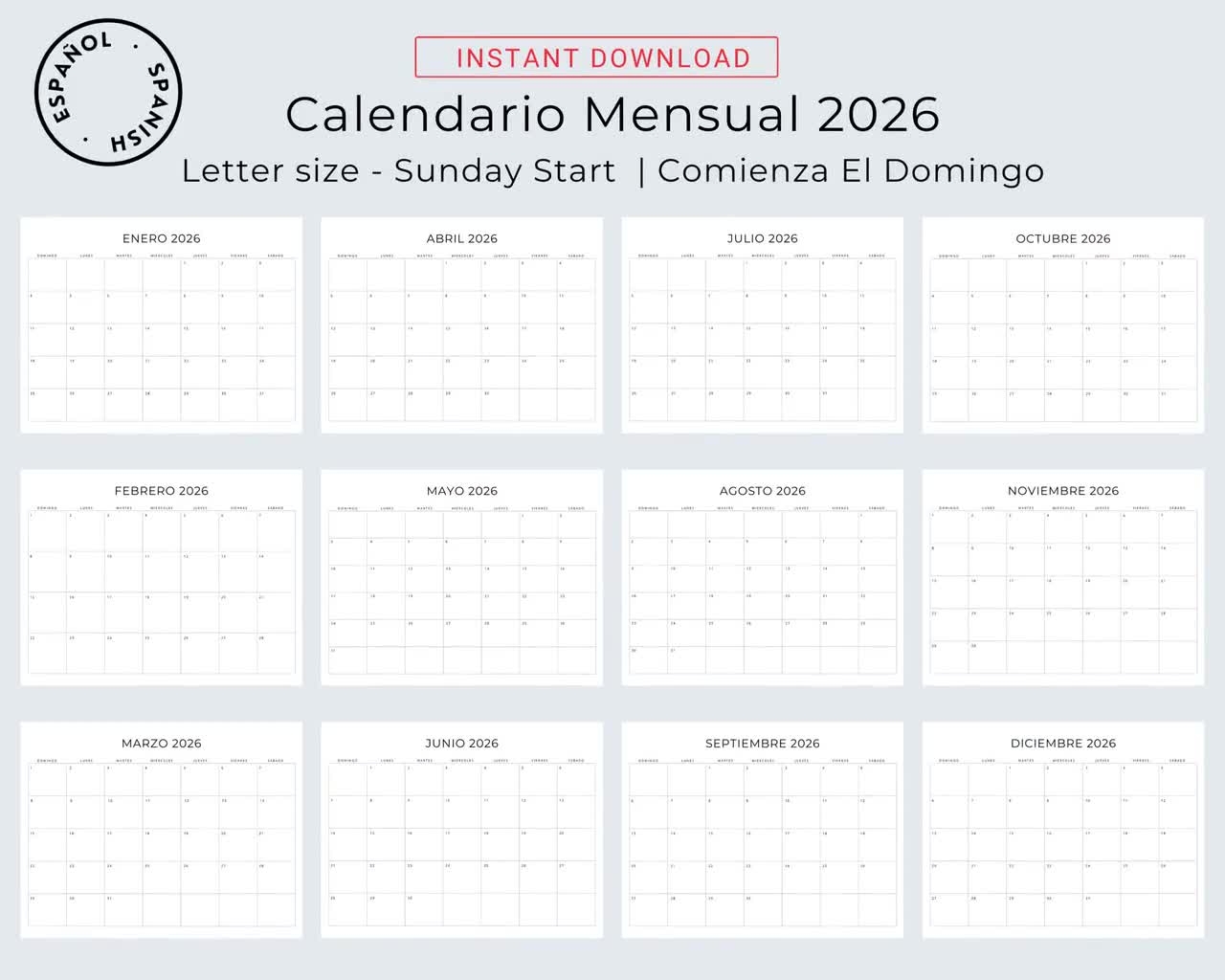 2026 Calendario En Espa ol 2026 Spanish Calendar Calendario Mensual 2026 Planner In Spanish 2026 Minimal Calendar Printable A4 Letter Size