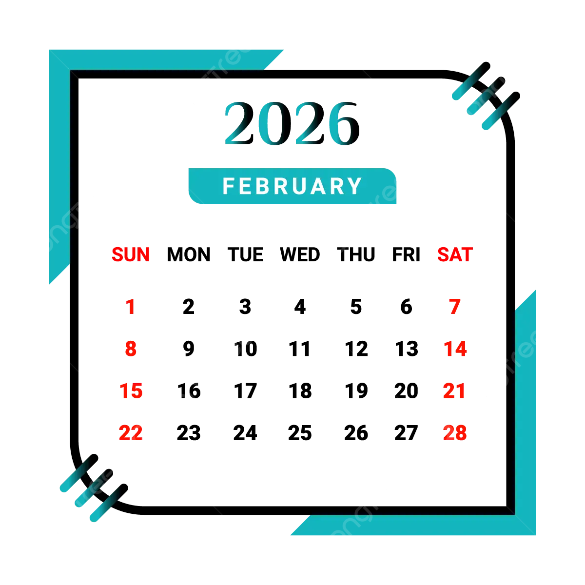 2026 February Month Calendar With Black And Green Vector Monthly Calendar Calendar February 2026 PNG And Vector With Transparent Background For Free Download