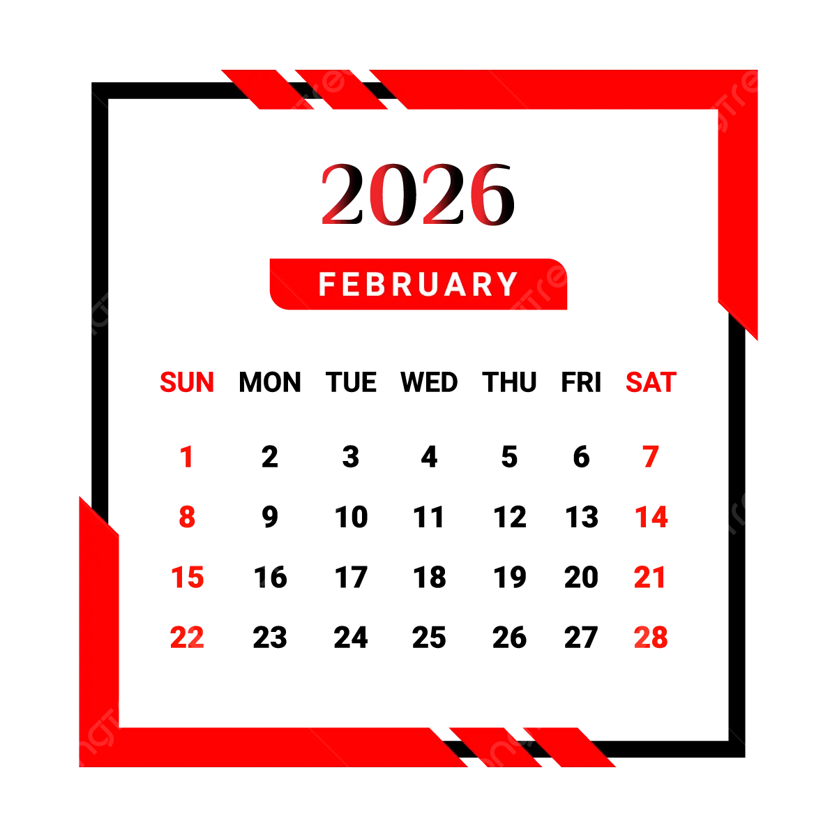 2026 February Month Calendar With Red And Black Unique Style Vector Monthly Calendar Calendar February 2026 PNG And Vector With Transparent Background For Free Download