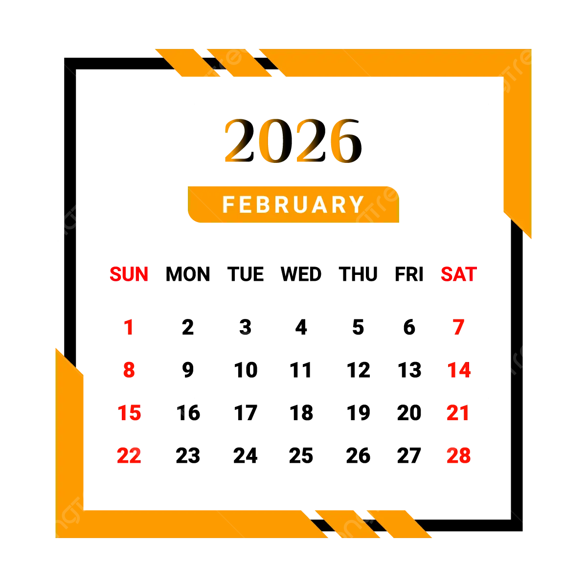 2026 February Month Calendar With Yellow And Black Unique Style Vector Monthly Calendar Calendar February 2026 PNG And Vector With Transparent Background For Free Download