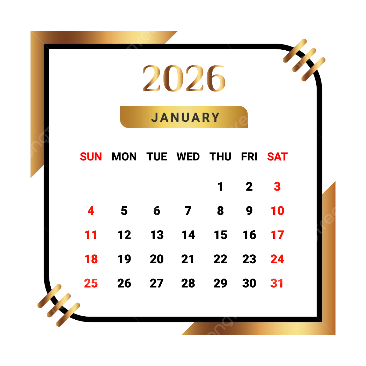 2026 January Month Calendar With Black And Golden Vector Monthly Calendar Calendar January 2026 PNG And Vector With Transparent Background For Free Download