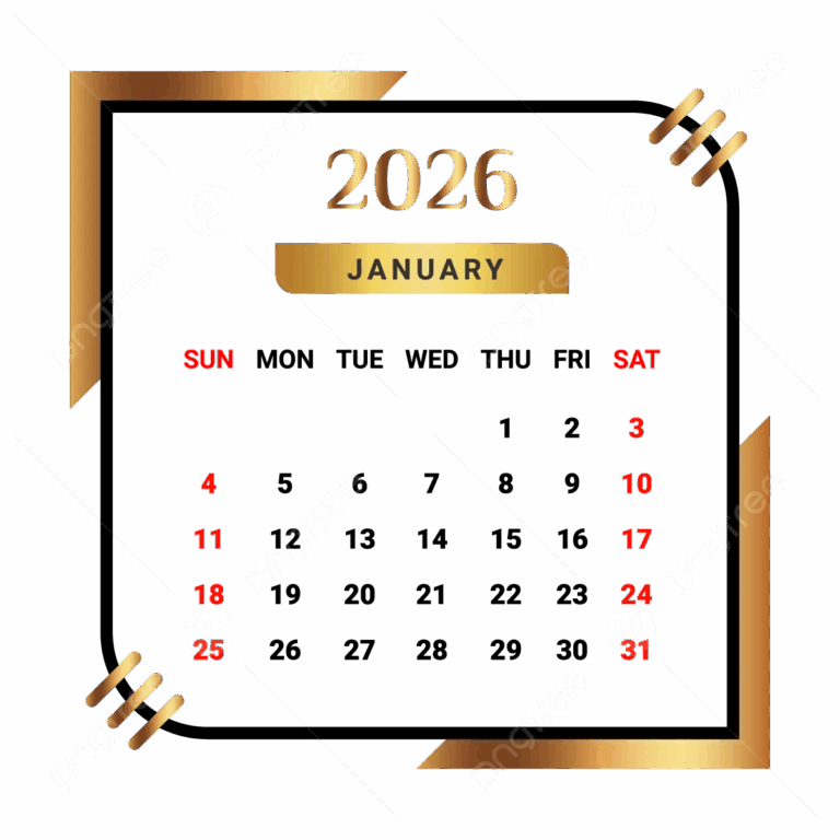 2026 January Month Calendar With Black And Golden Vector Monthly Calendar Calendar January 2026 PNG And Vector With Transparent Background For Free Download
