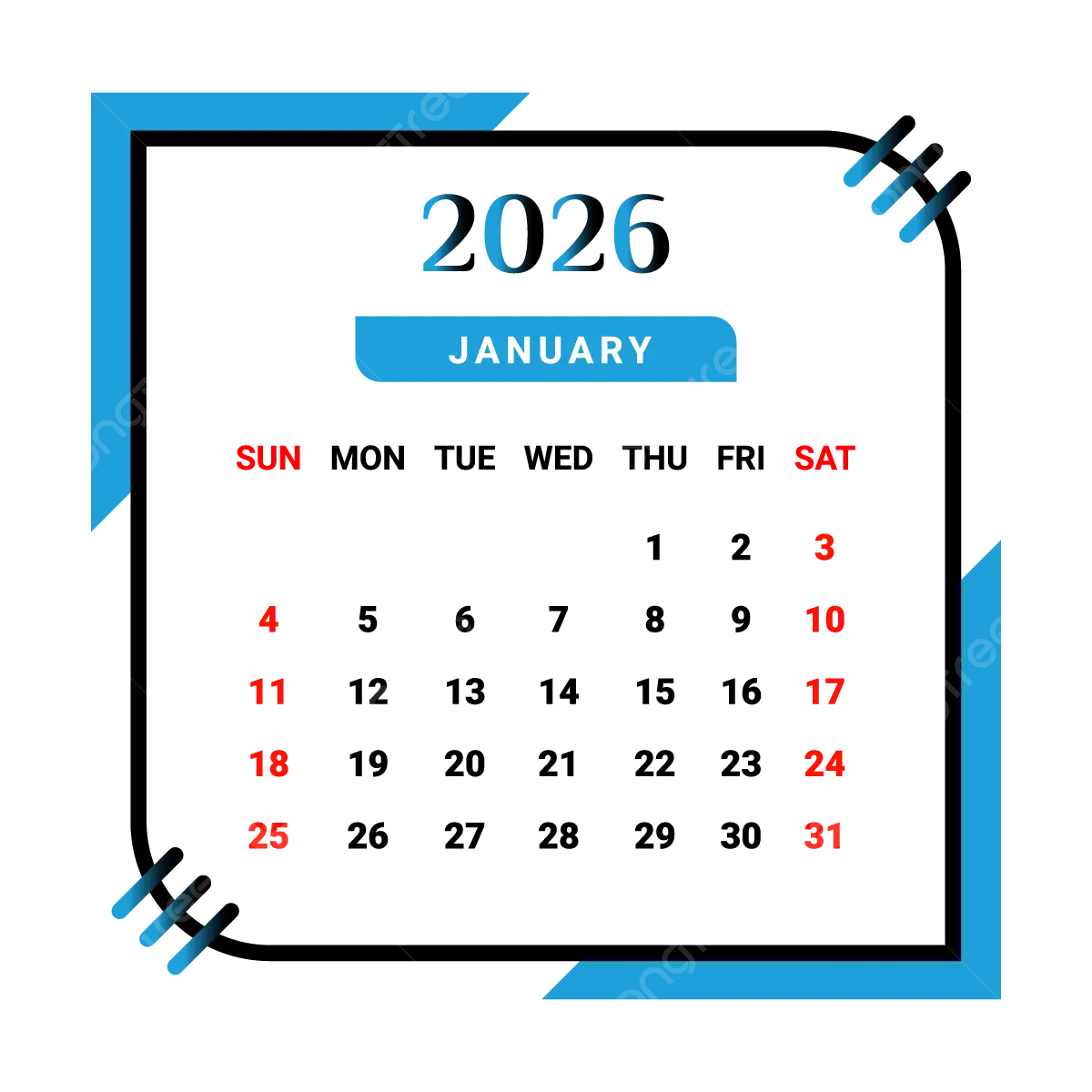 2026 January Month Calendar With Black And Skyblue Vector Monthly Calendar Calendar January 2026 PNG And Vector With Transparent Background For Free Download
