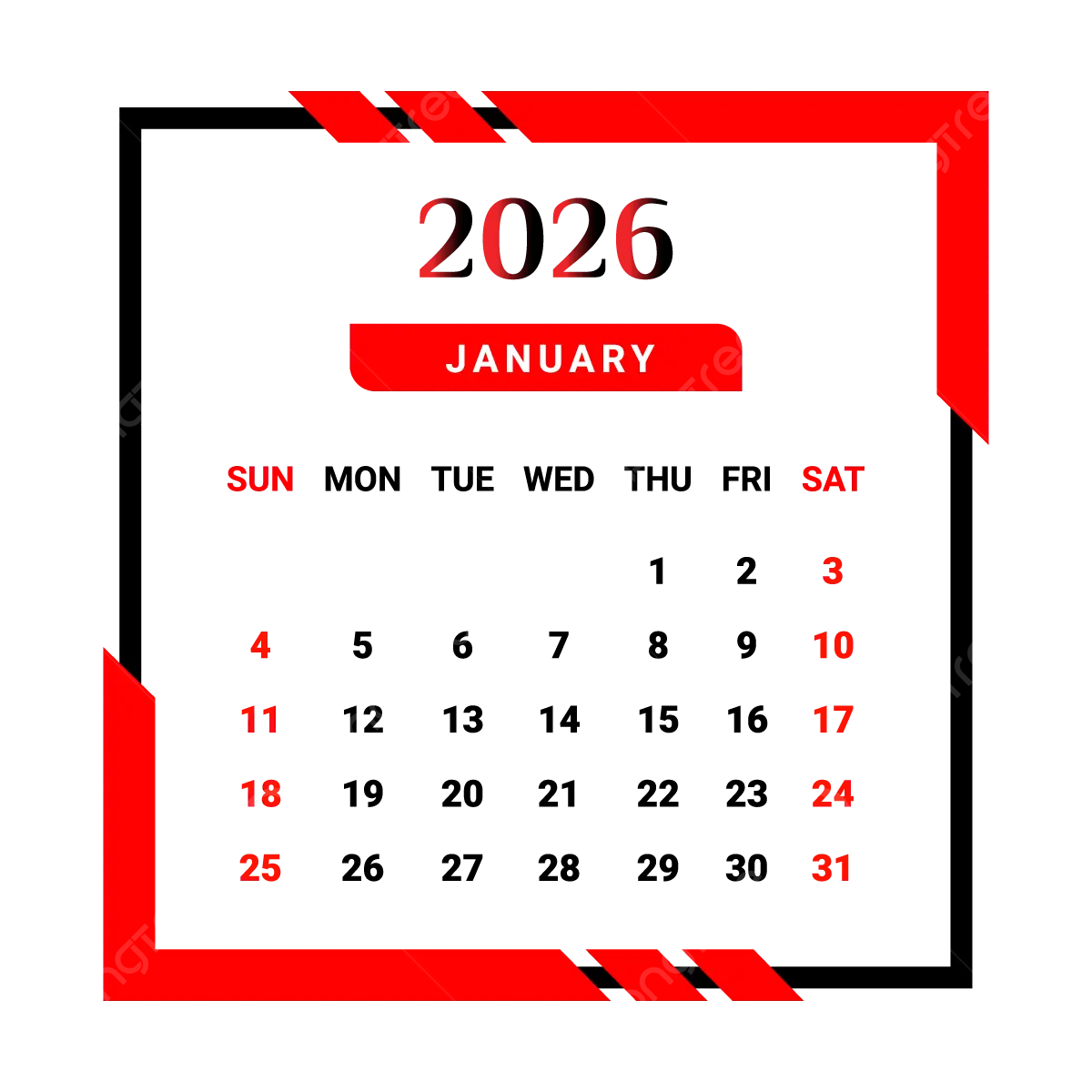 2026 January Month Calendar With Red And Black Unique Style Vector Monthly Calendar Calendar January 2026 PNG And Vector With Transparent Background For Free Download