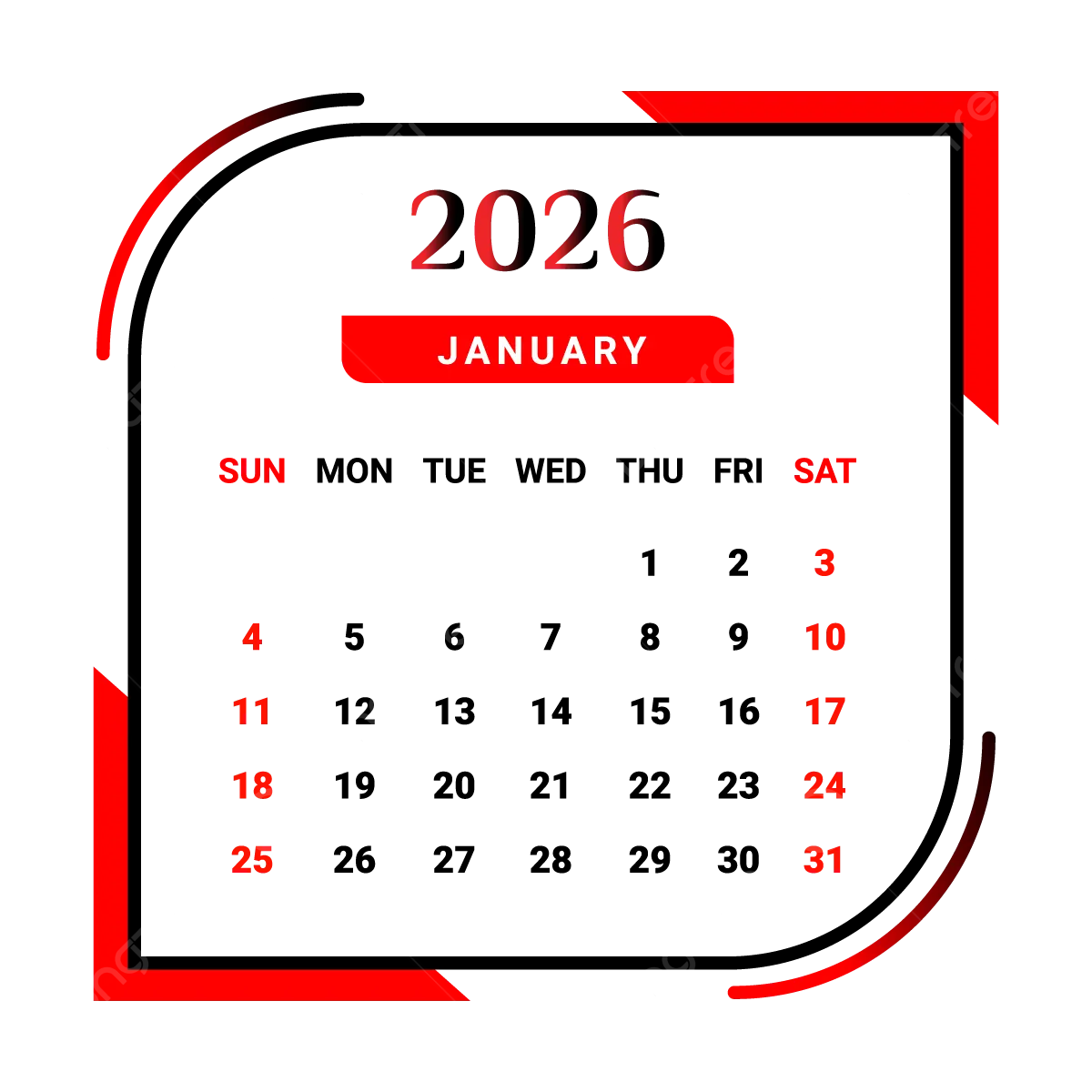 Calendar 2026 January Png