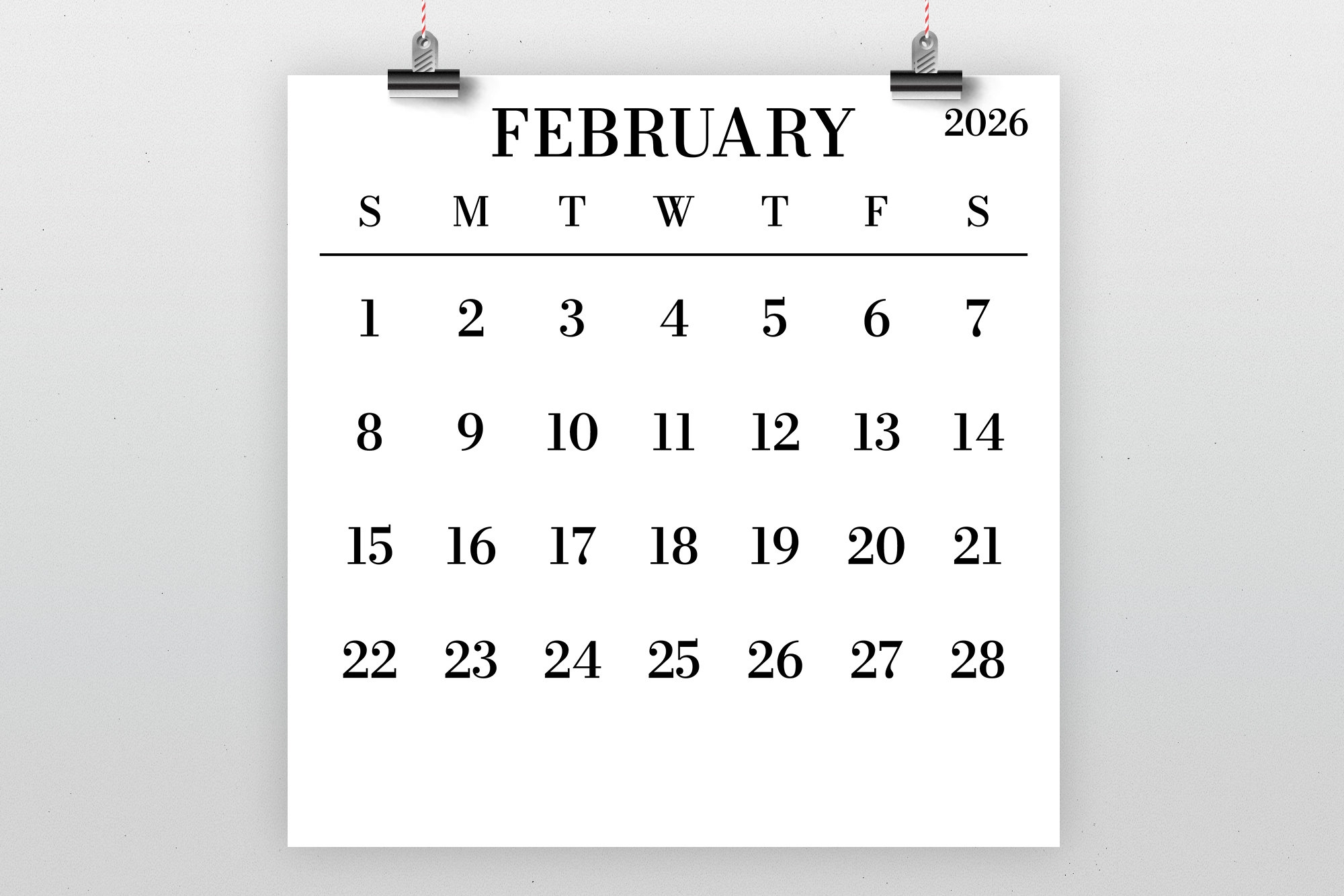 2026 Large Number Square Calendar INSTANT DOWNLOAD Simple 