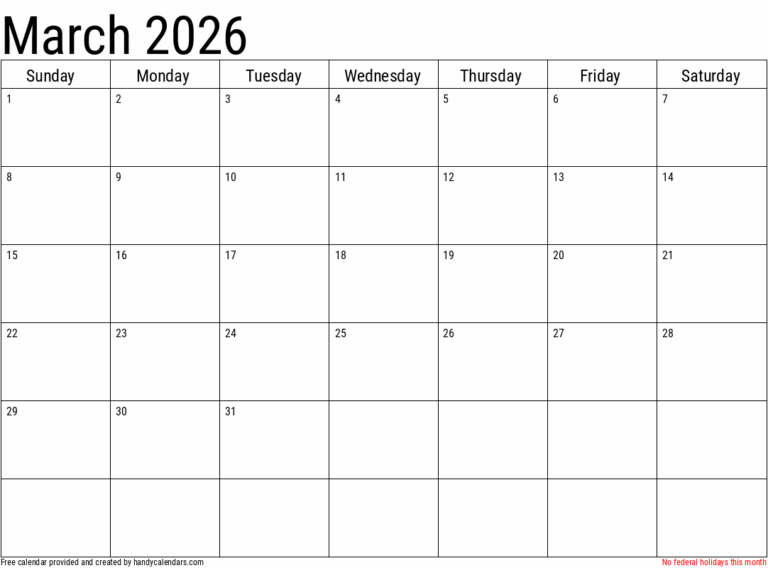 2026 March Calendars Handy Calendars