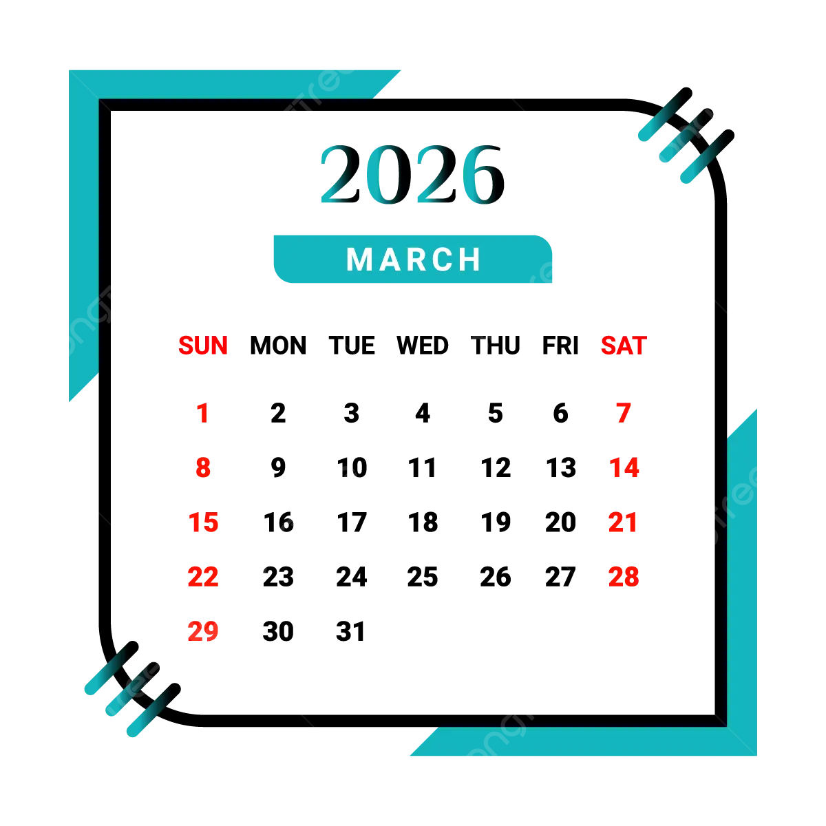 2026 March Month Calendar With Black And Green Vector Monthly 