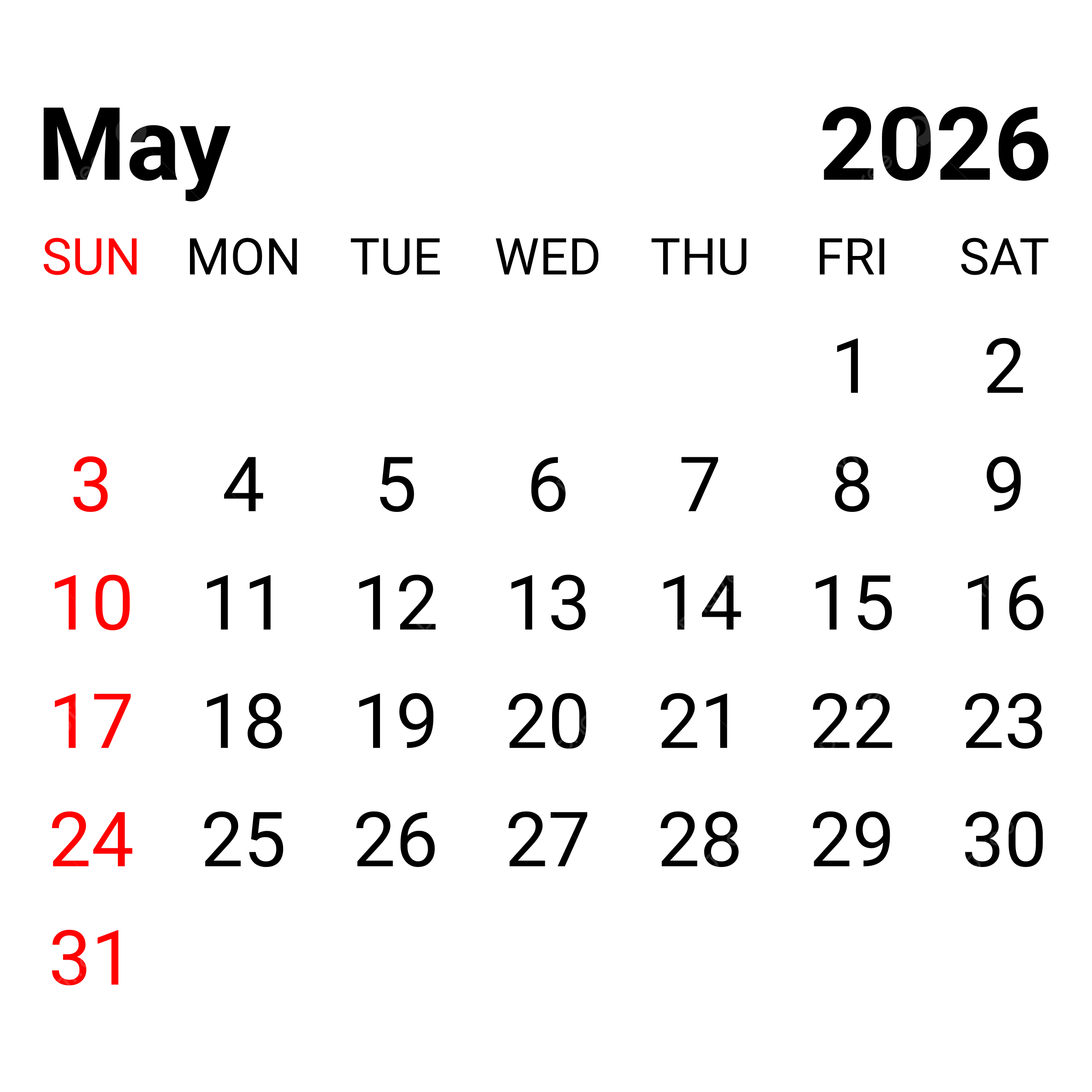2026 May Monthly Calendar Vector 2026 May Monthly Calendar 2026 May Calendar PNG And Vector With Transparent Background For Free Download