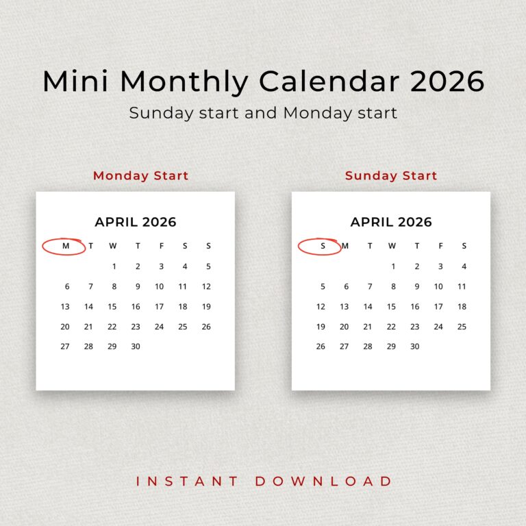 2026 Mini Calendar 2026 Small Calendar Printable 2026 Minimalist 
