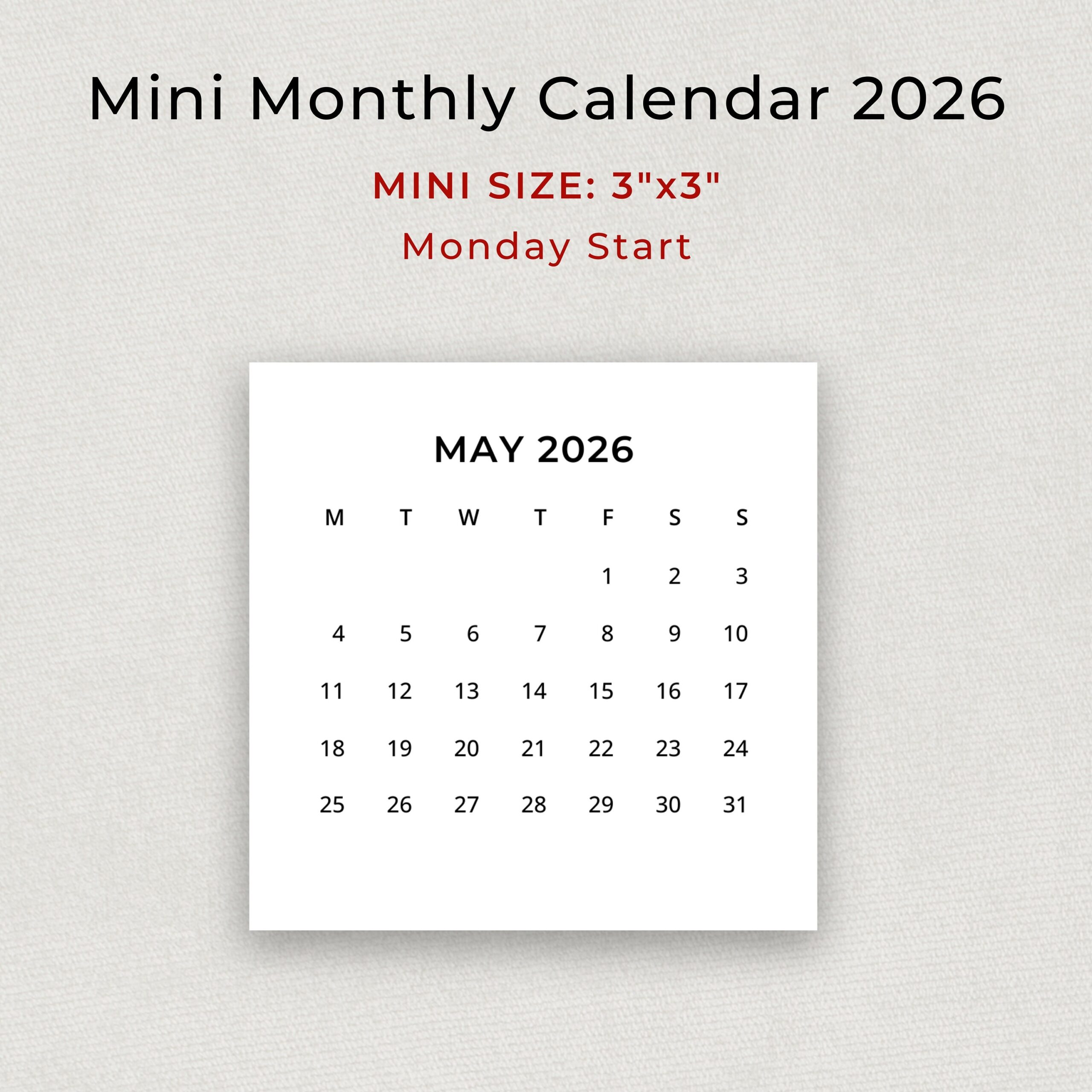 2026 Mini Calendar 2026 Small Calendar Printable 2026 Minimalist Calendar 3x3 Inch Square Calendar 2026 Pocket Calendar Desk Calendar DIY Etsy UK