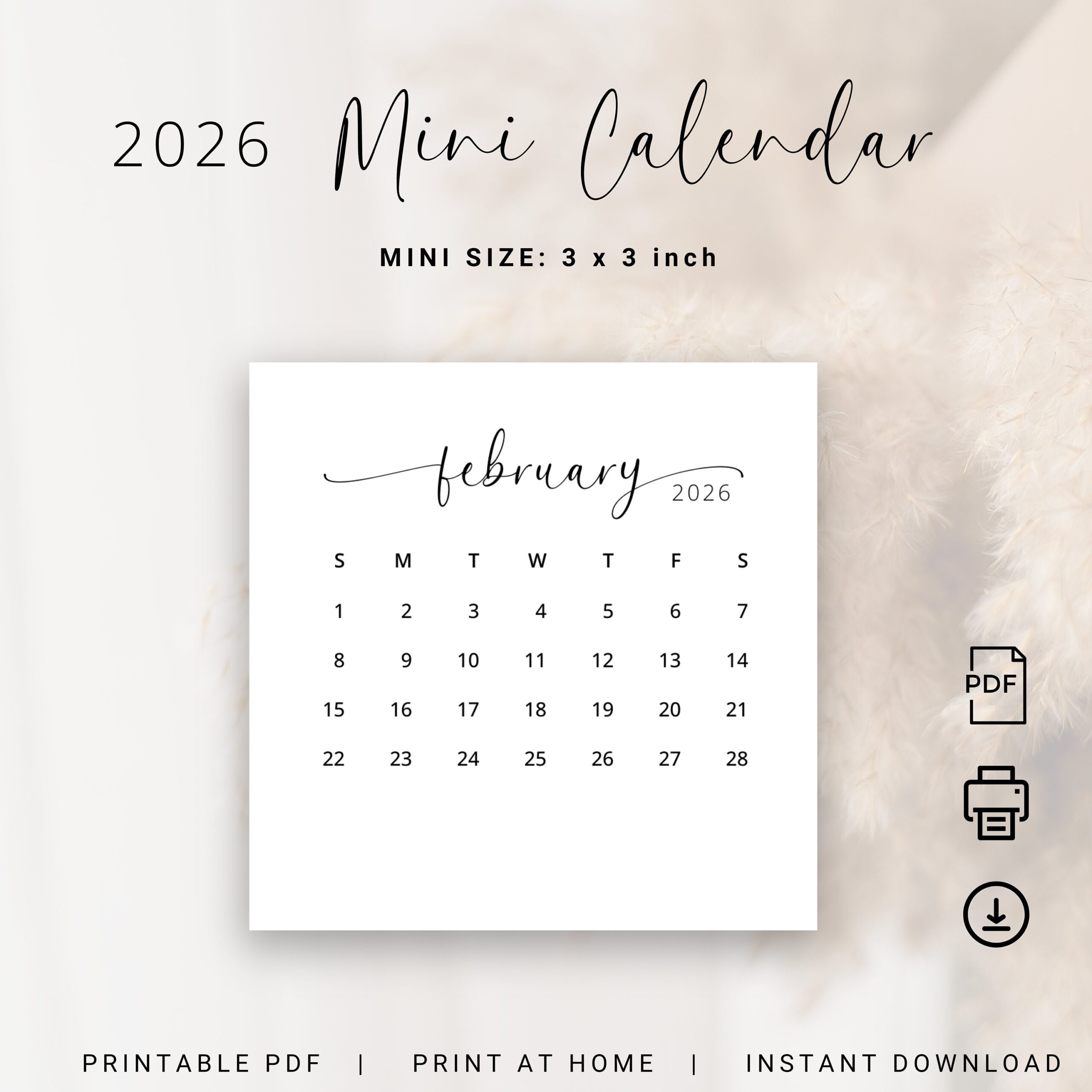 2026 Mini Calendar 3x3 2026 Small Calendar 2026 Square Calendar Printable Mini Calendar 2026 Elegant Calendar Card 3x3 Inch Compact Calendar Etsy