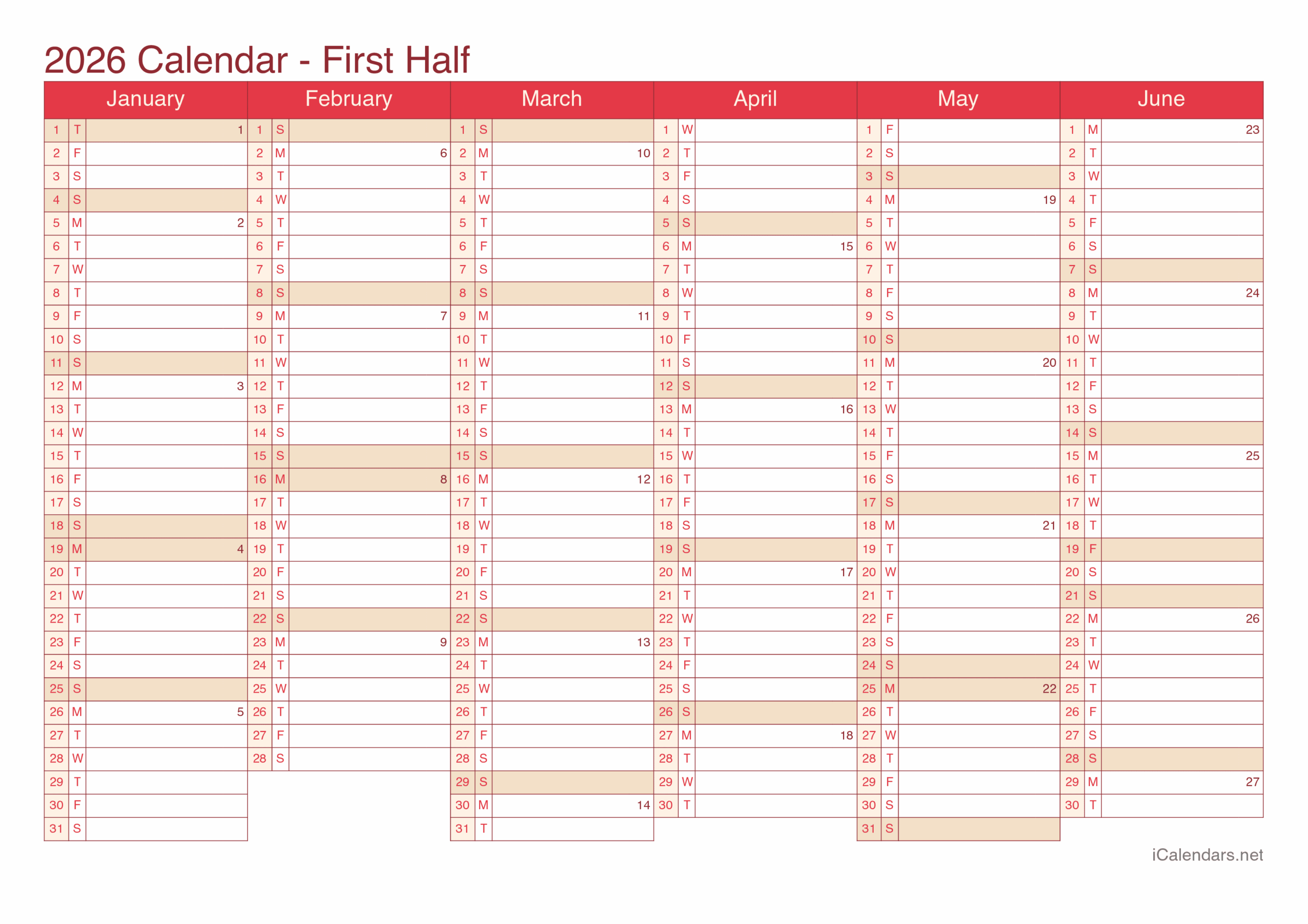 2026 Printable Calendar PDF Or Excel