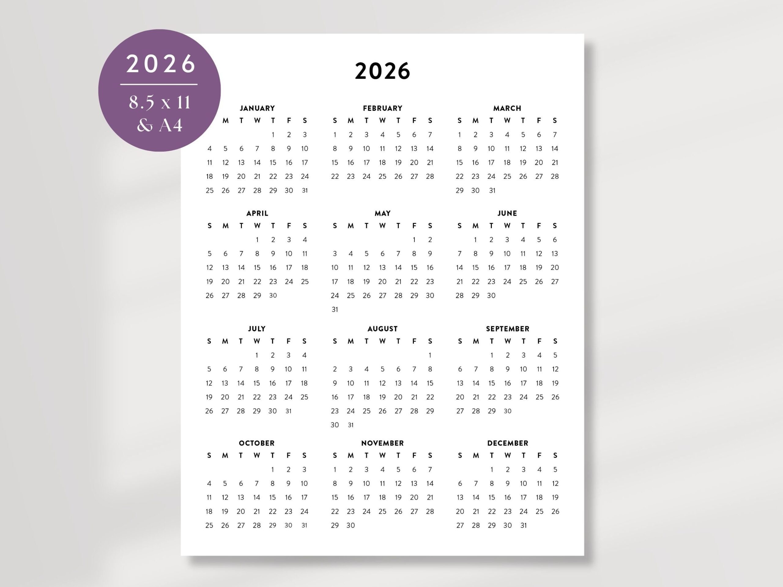 2026 Printable Office Calendar 2026 Planner Desk Calendar Instant Download Digital Minimalist Calendar Year At A Glance Year Calendar Etsy