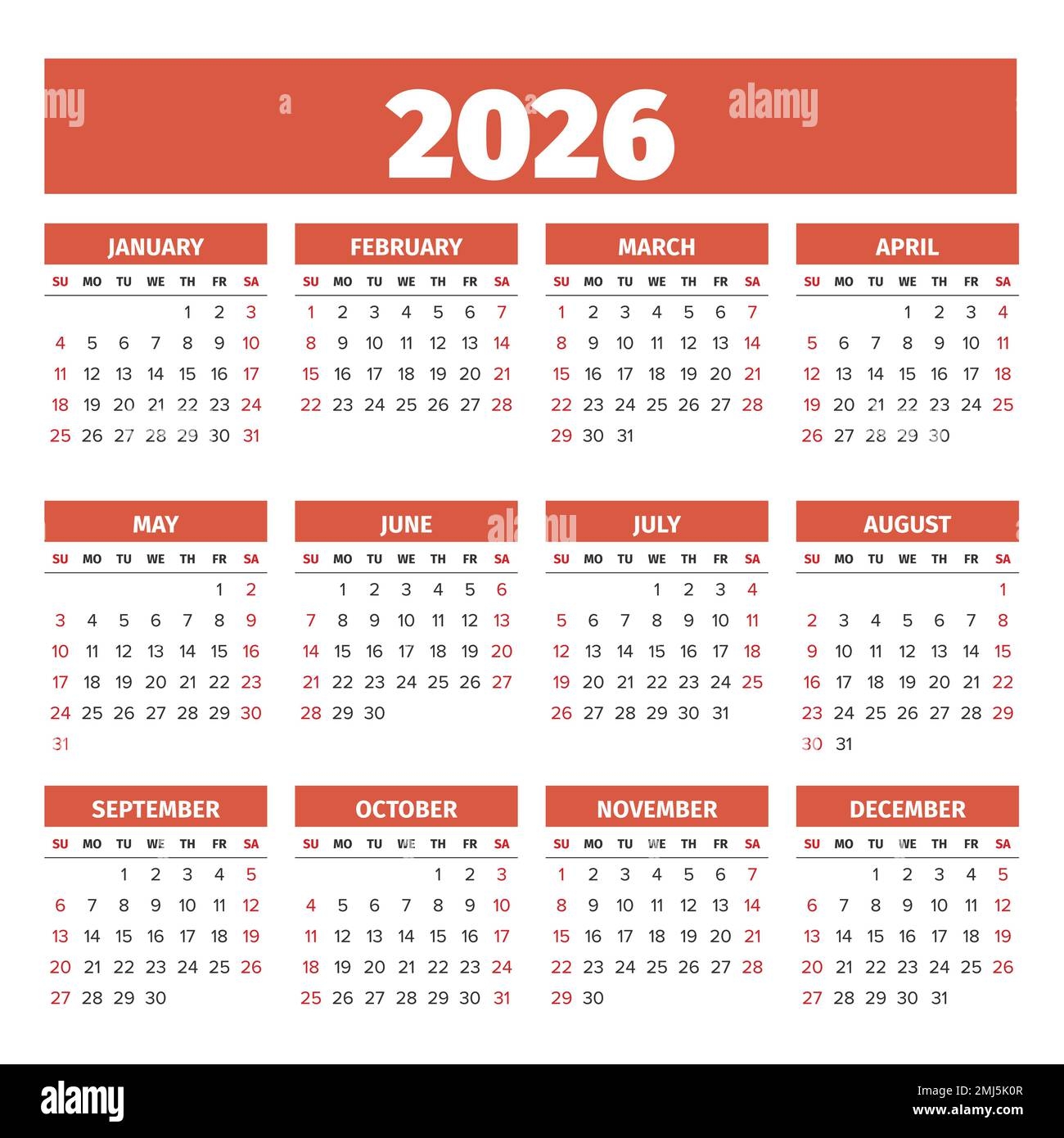2026 Simple Vector Calendar Weeks Start On Sunday Stock Vector 