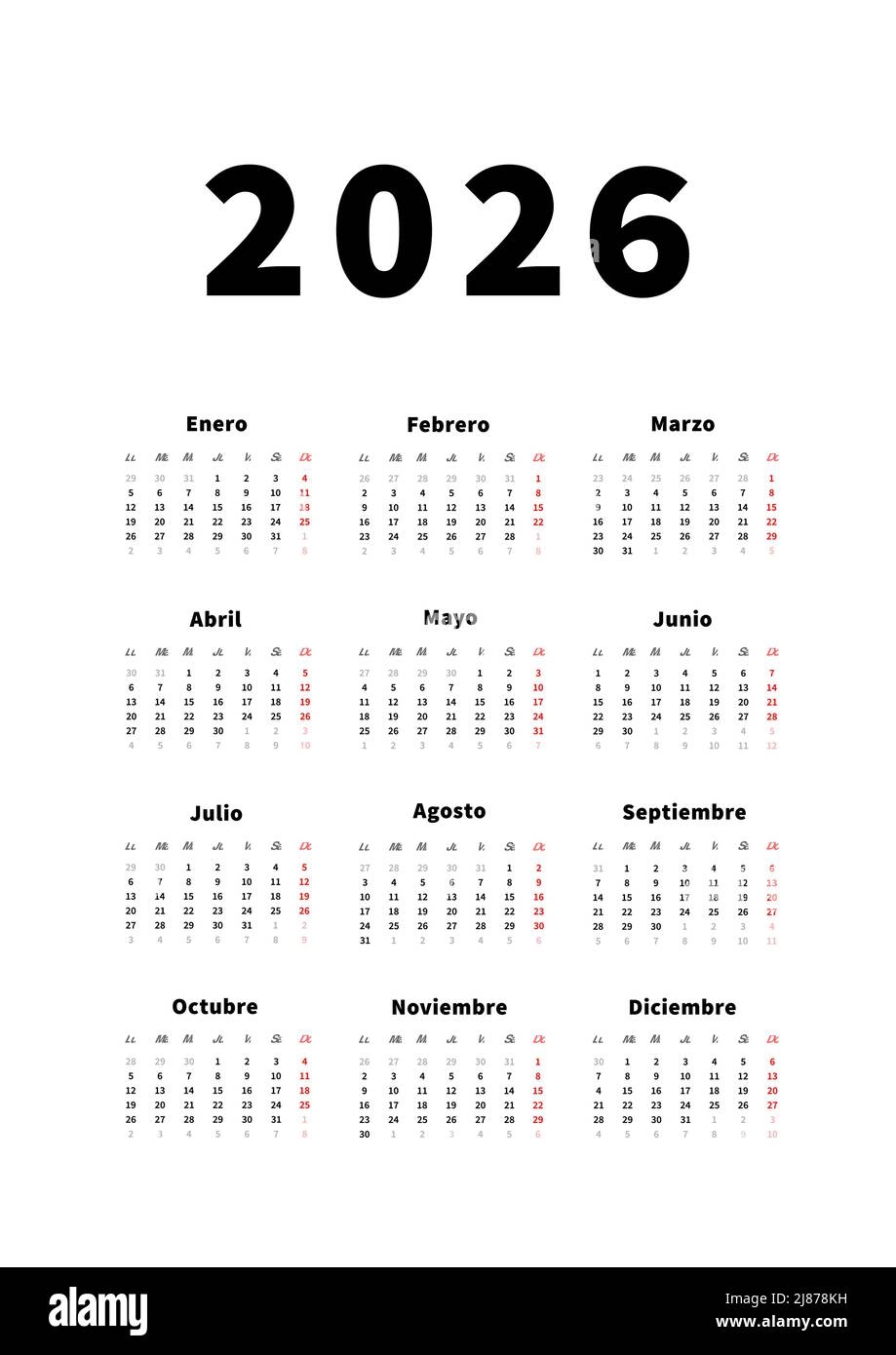 2026 Year Simple Vertical Calendar In Spanish Language 
