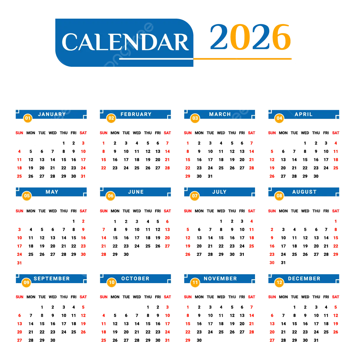 2026 Yellow And Blue Calendar With Unique Geometric Style Vector Calendar 2026 Calendar Yearly Calendar PNG And Vector With Transparent Background For Free Download