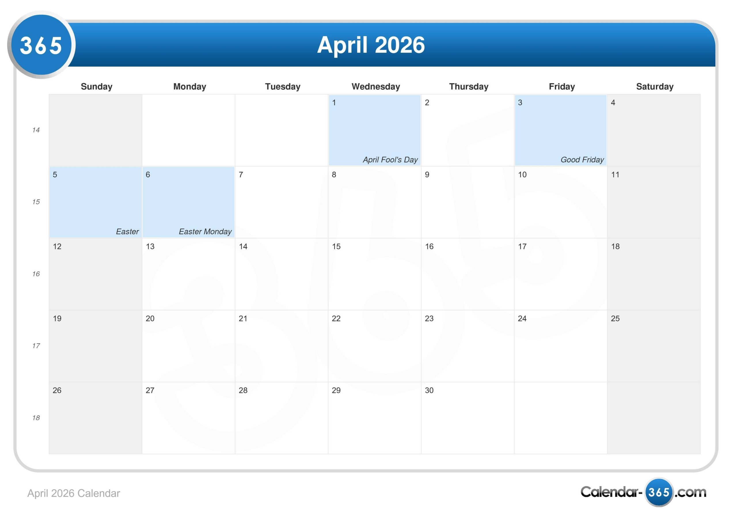 April 2026 Calendar National Days