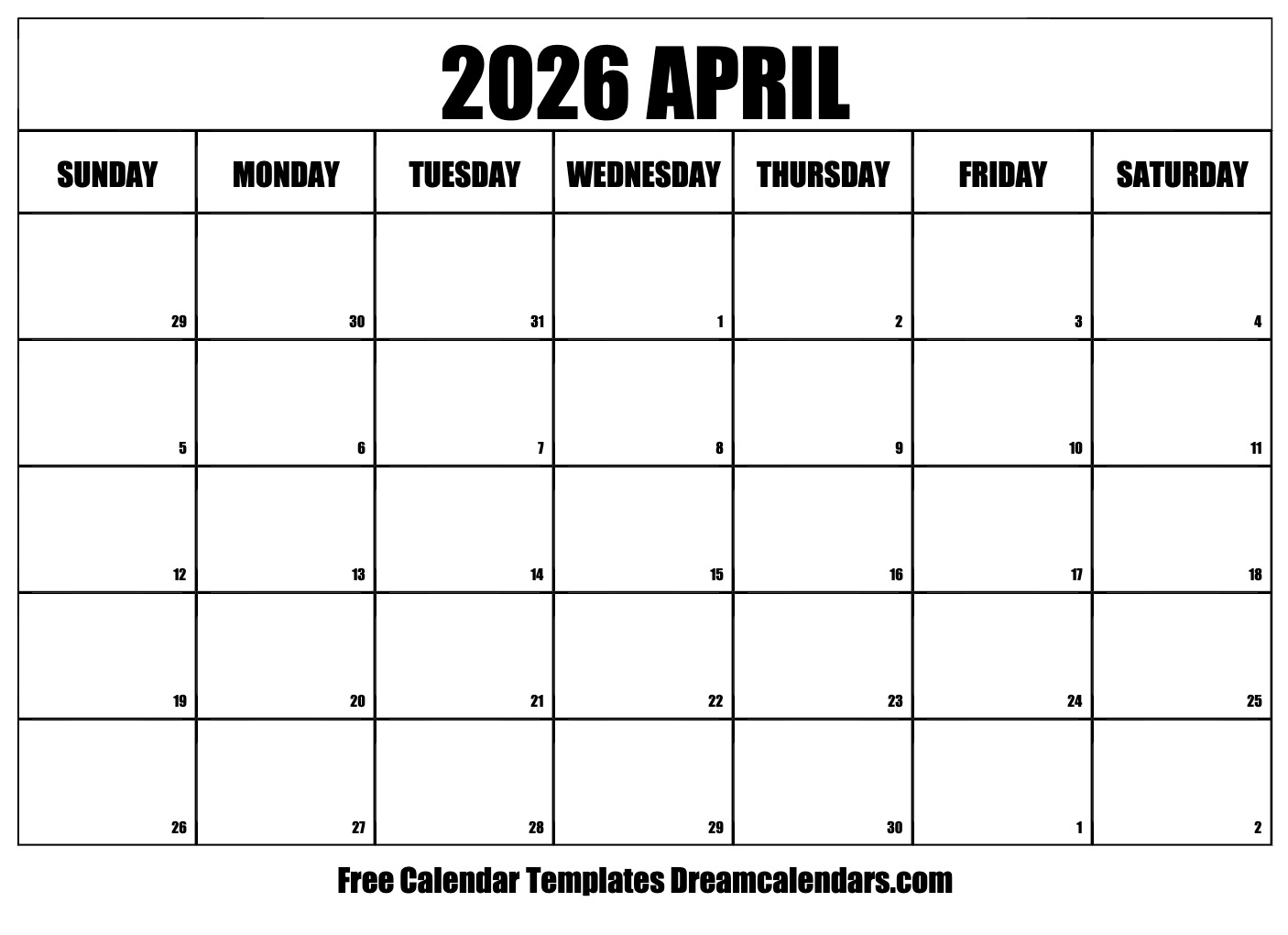 April 2026 Calendar With National Holidays