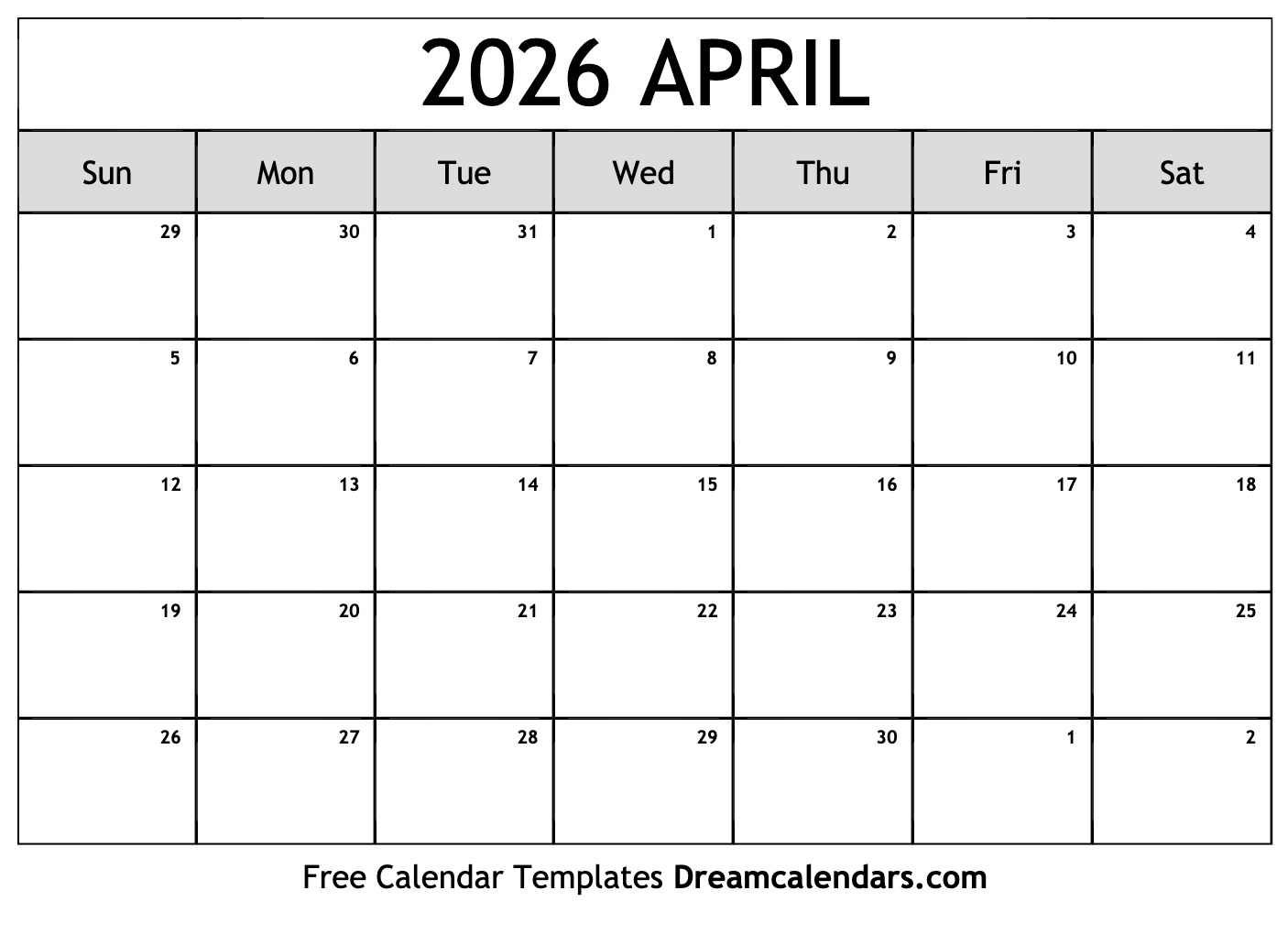 April 2026 Calendar With Week Numbers