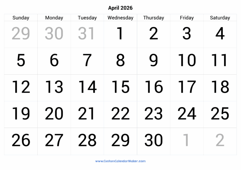 April 2026 Calendar Printable With Large Numbers Custom Calendar Maker