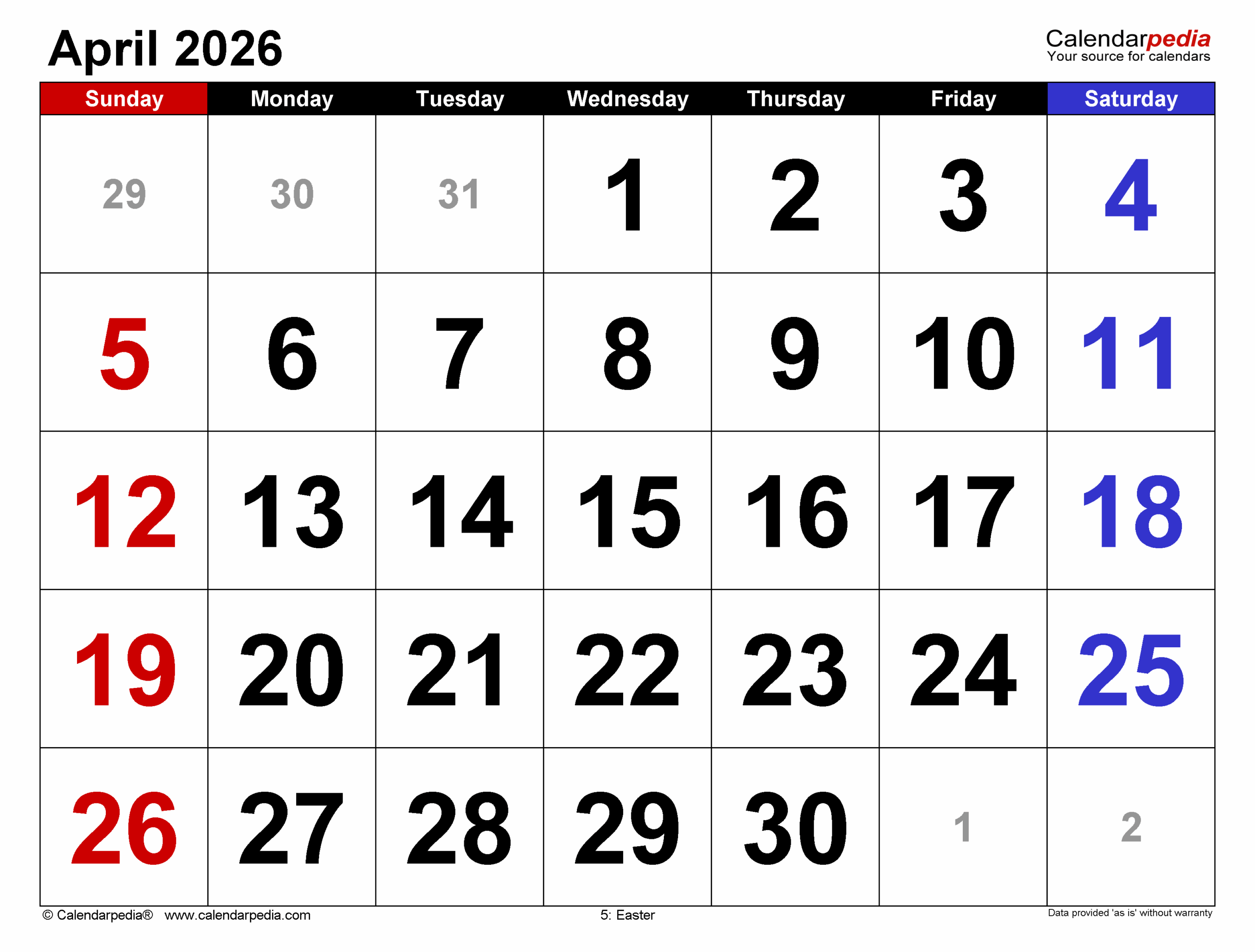 Blank April 2026 Calendar Word