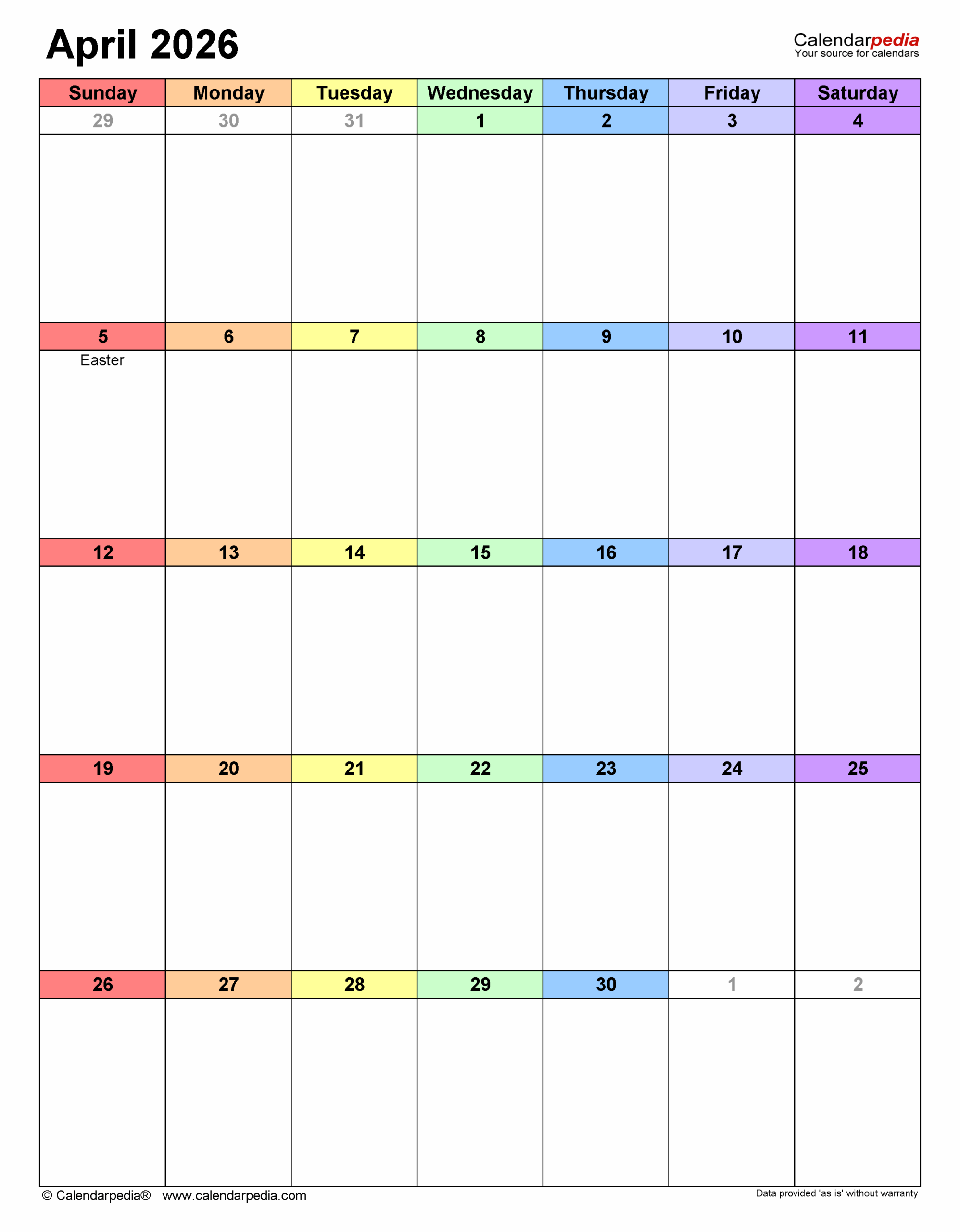 April Calendar Excel 2026