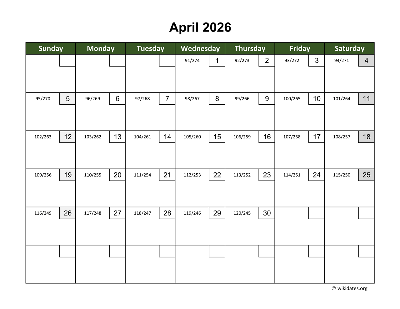 April 2026 Calendar With Day Numbers WikiDates