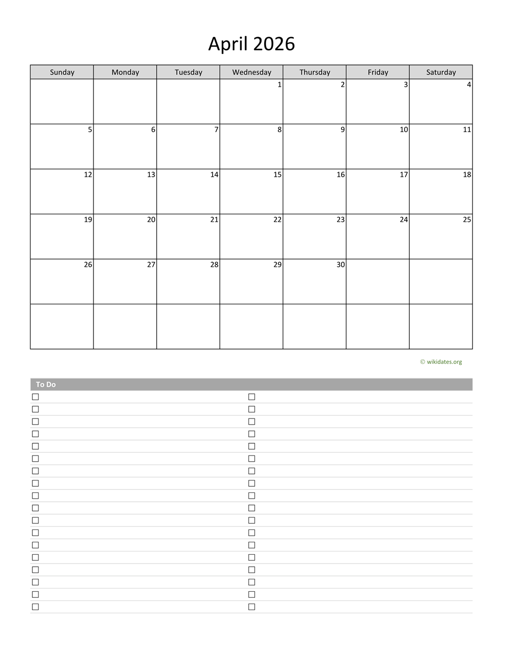 2026 April Calendar Excel