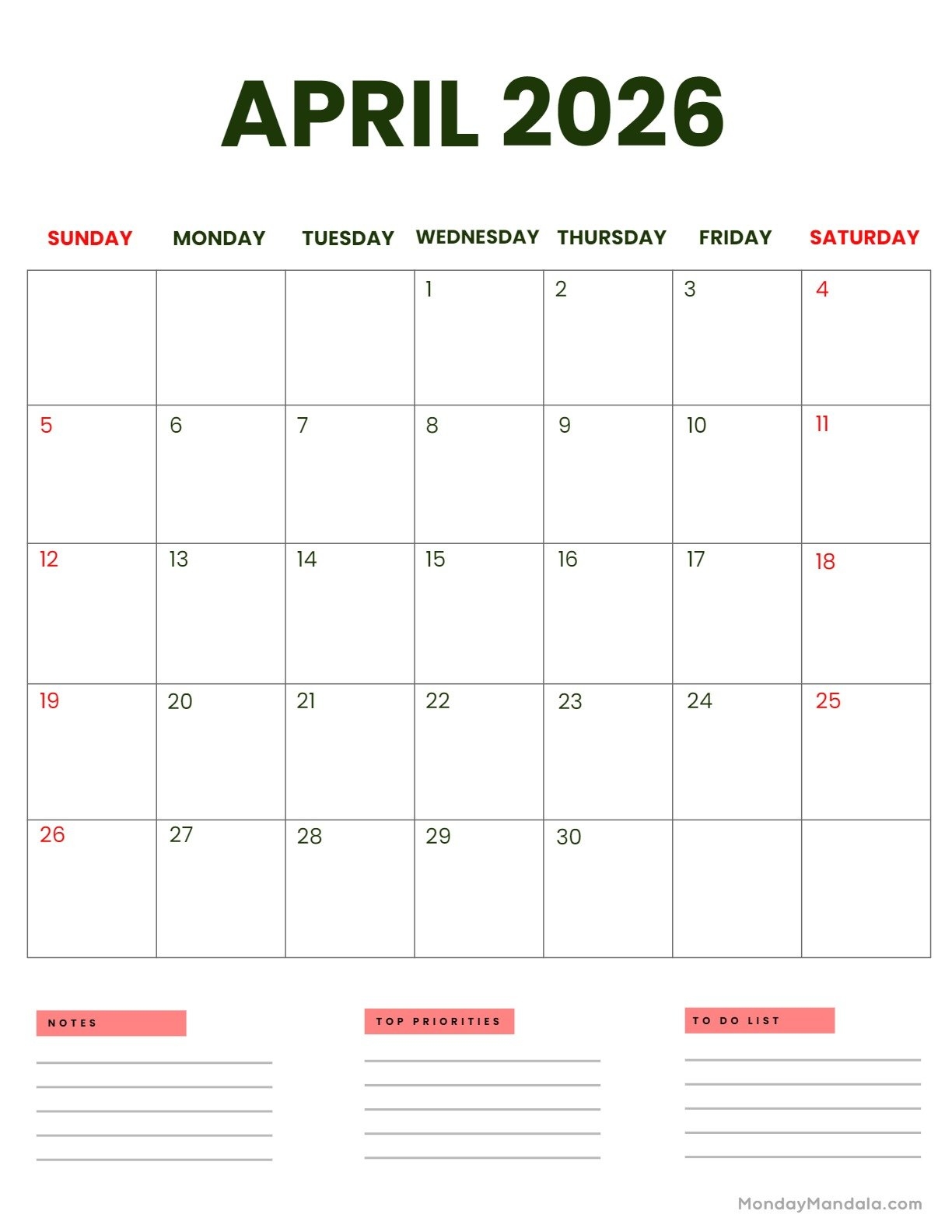 Printable April Calendar 2026 With Holidays