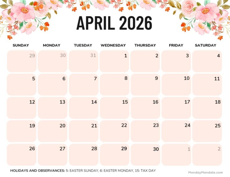 April 2026 Calendars Free PDF Printables 