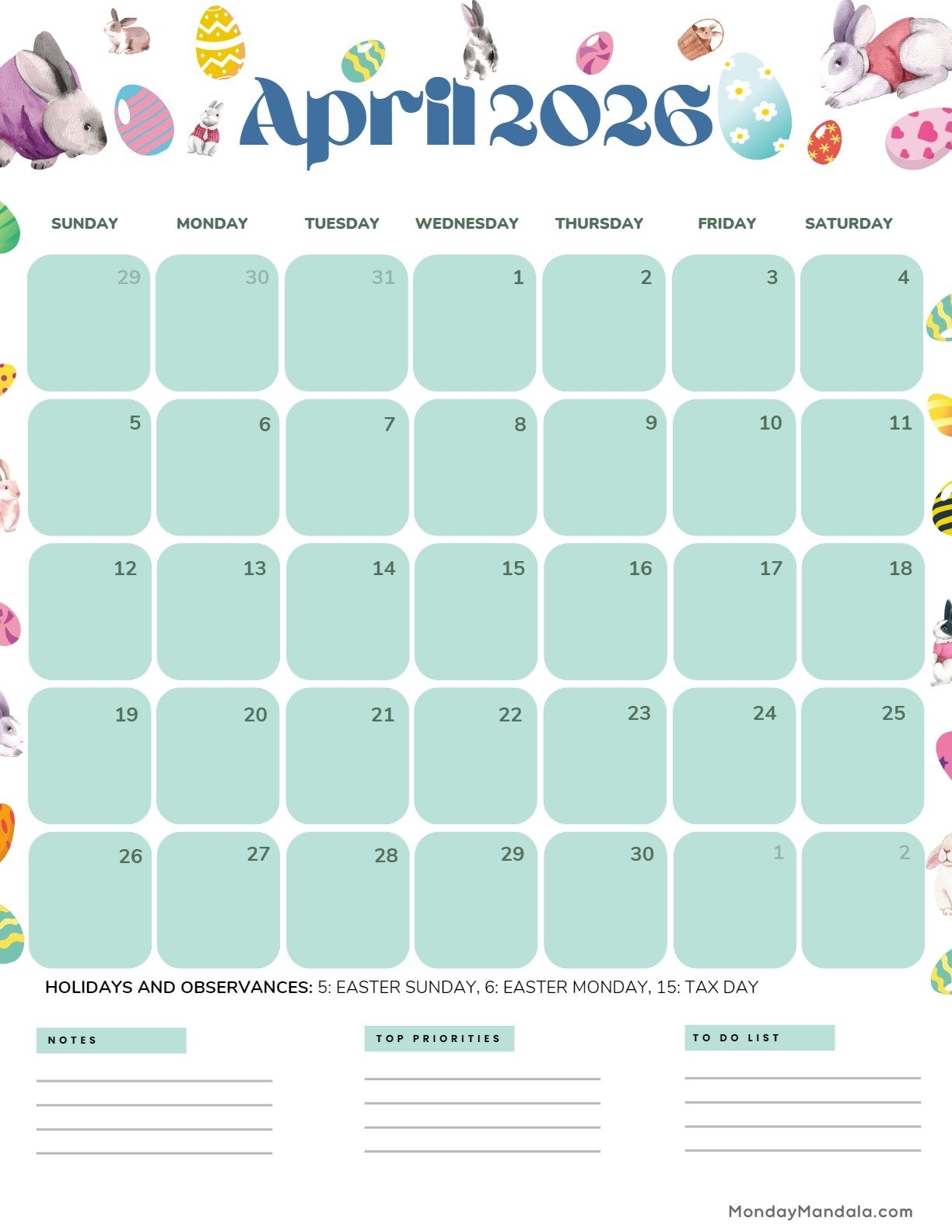 April 2026 Calendar Activities