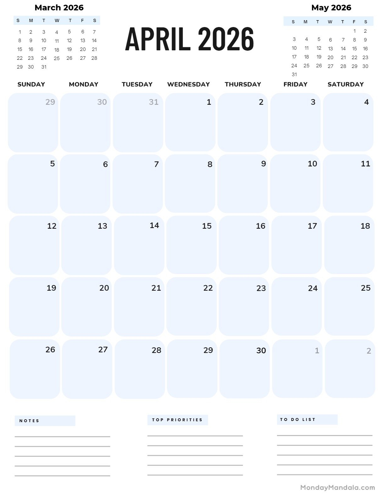 Free Fillable April 2026 Calendar