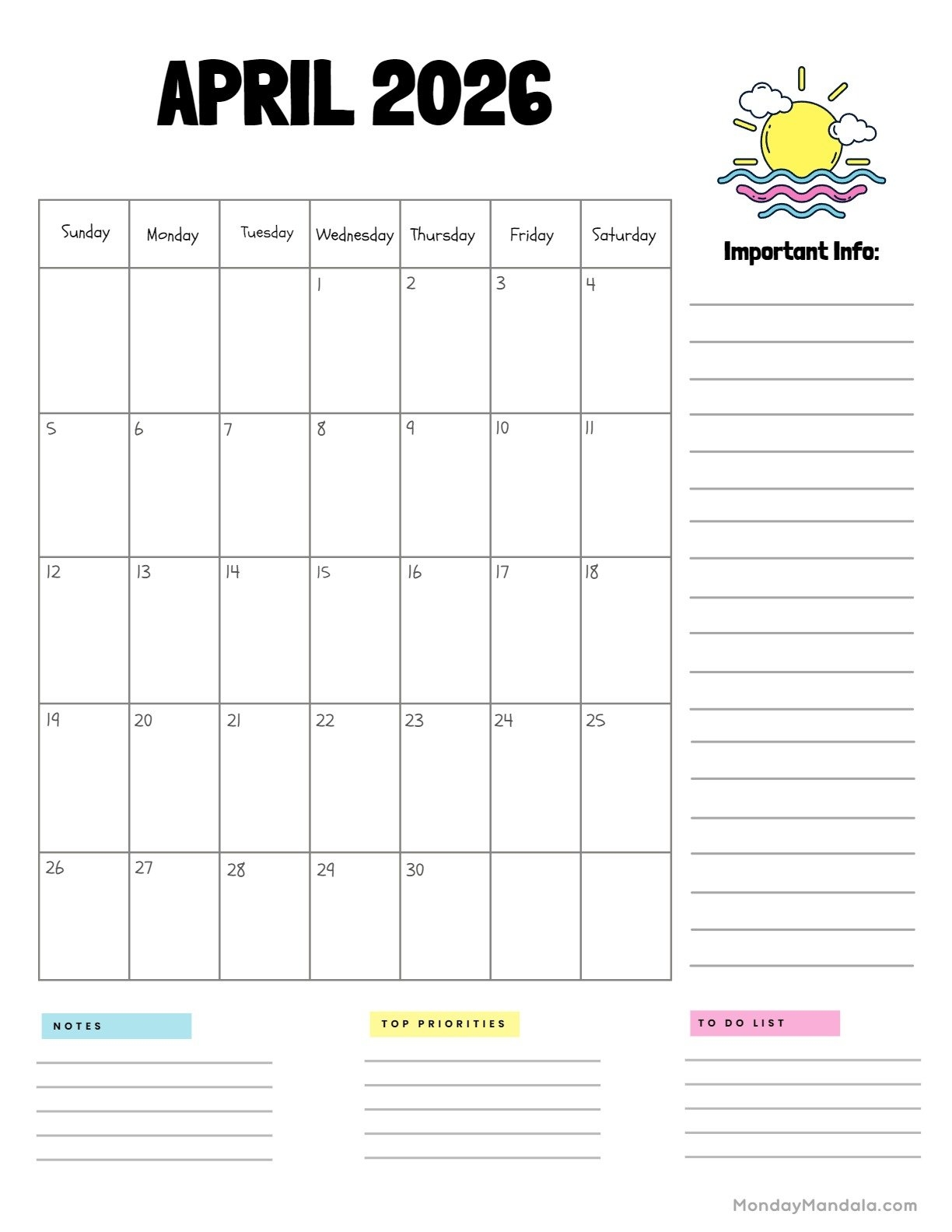 April Calendar 2026 Important Dates