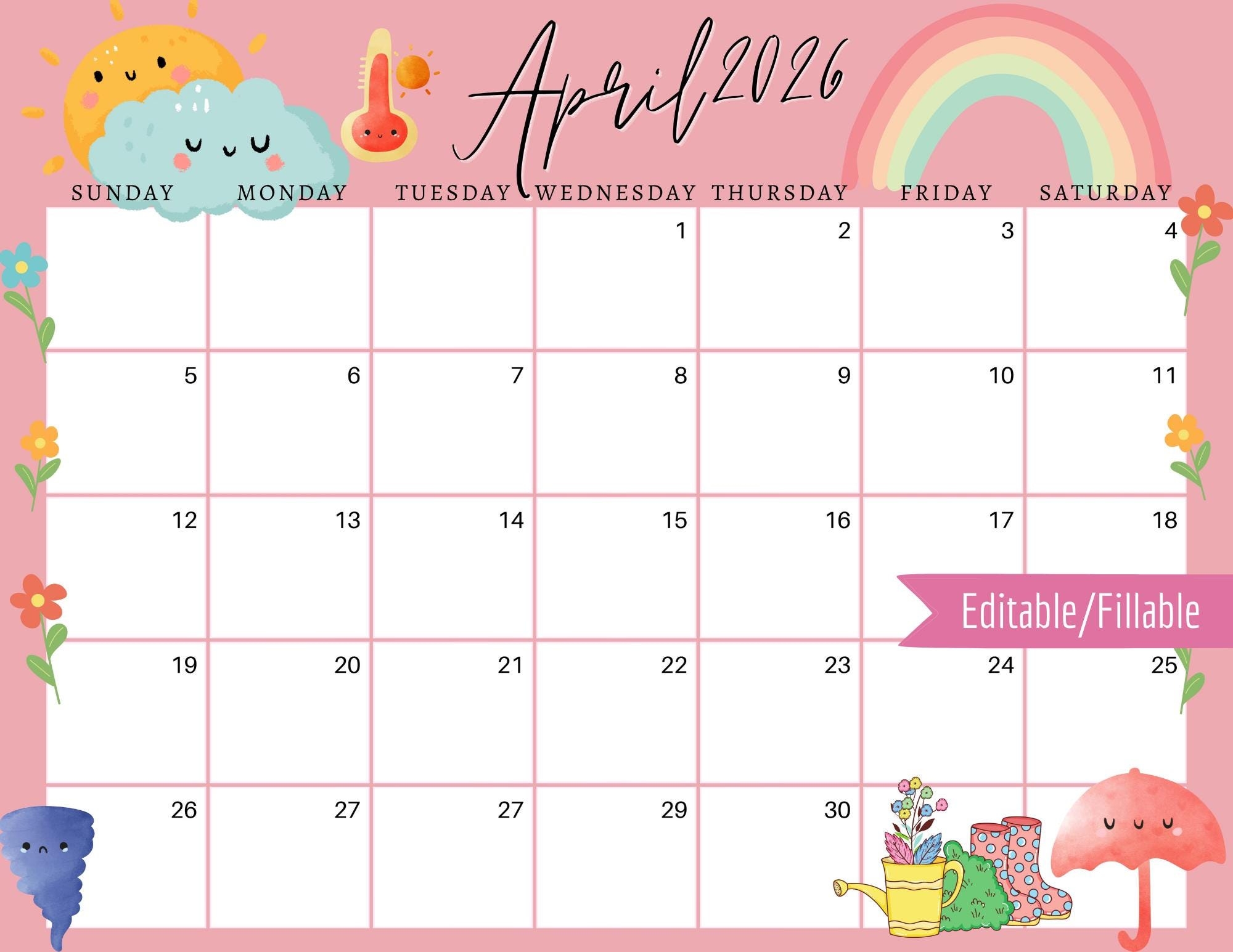 April 2026 Digital Calendar Light Pink Easter Sunday Editable Fillable Printable Calendar For Planning PDF PNG And JPG Download Etsy UK