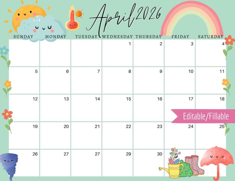 April 2026 Digital Calendar Mint Green April Showers Editable 