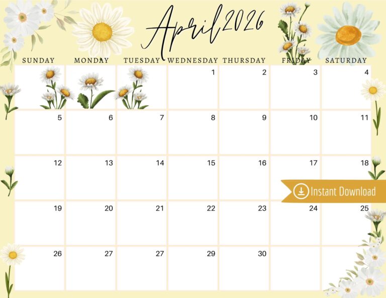 April 2026 Digital Calendar Yellow U0026 White Daisies Editable Fillable Printable Calendar For Planning PDF PNG And JPG Download Etsy
