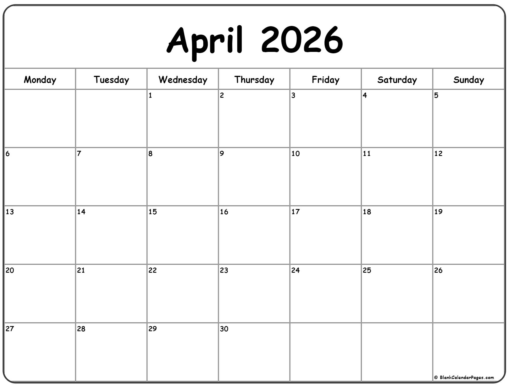 April 2026 Calendar In Black